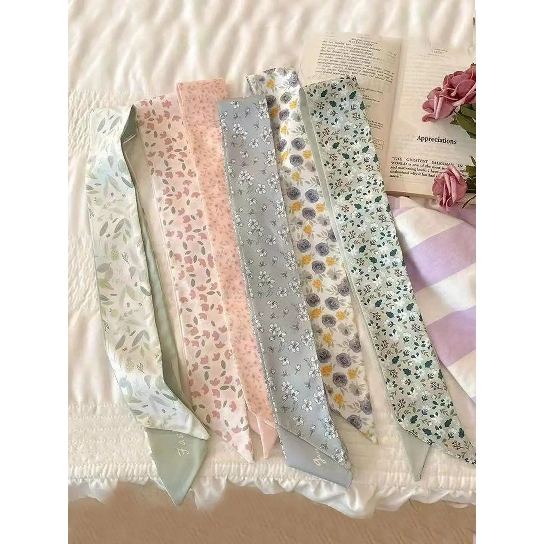 6 Pcs Colored Fabric Link Neckerchiefs for Women, Retro Patterned Polyester Hair Wraps, Lightweight All-Season Headband & Bag Ribbon, Colored Fabric Neckerchiefs, Floral Link Neckerchiefs