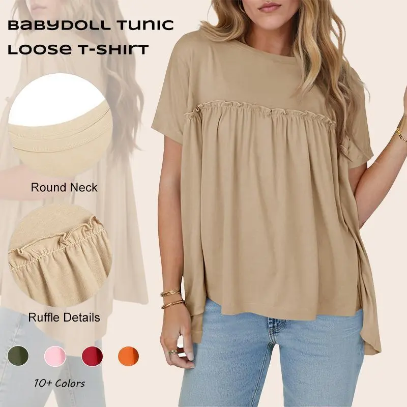 Imily Bela Womens Summer Babydoll Tunic Tops Pleated Short Sleeve Crew Neck Peplum T Shirts Casual Loose Fit Outfits Womenswear Blouse church outfit Breathable Chic