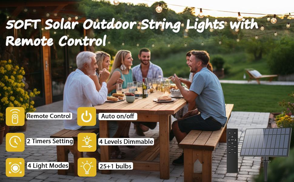 MATULSA Waterproof Solar String Lights - 52/104Ft, 26 Shatterproof Bulbs, Ambient Dimmable LED, Remote Control, LED Lighting for Backyard, Porch Decor, Garden Accessories