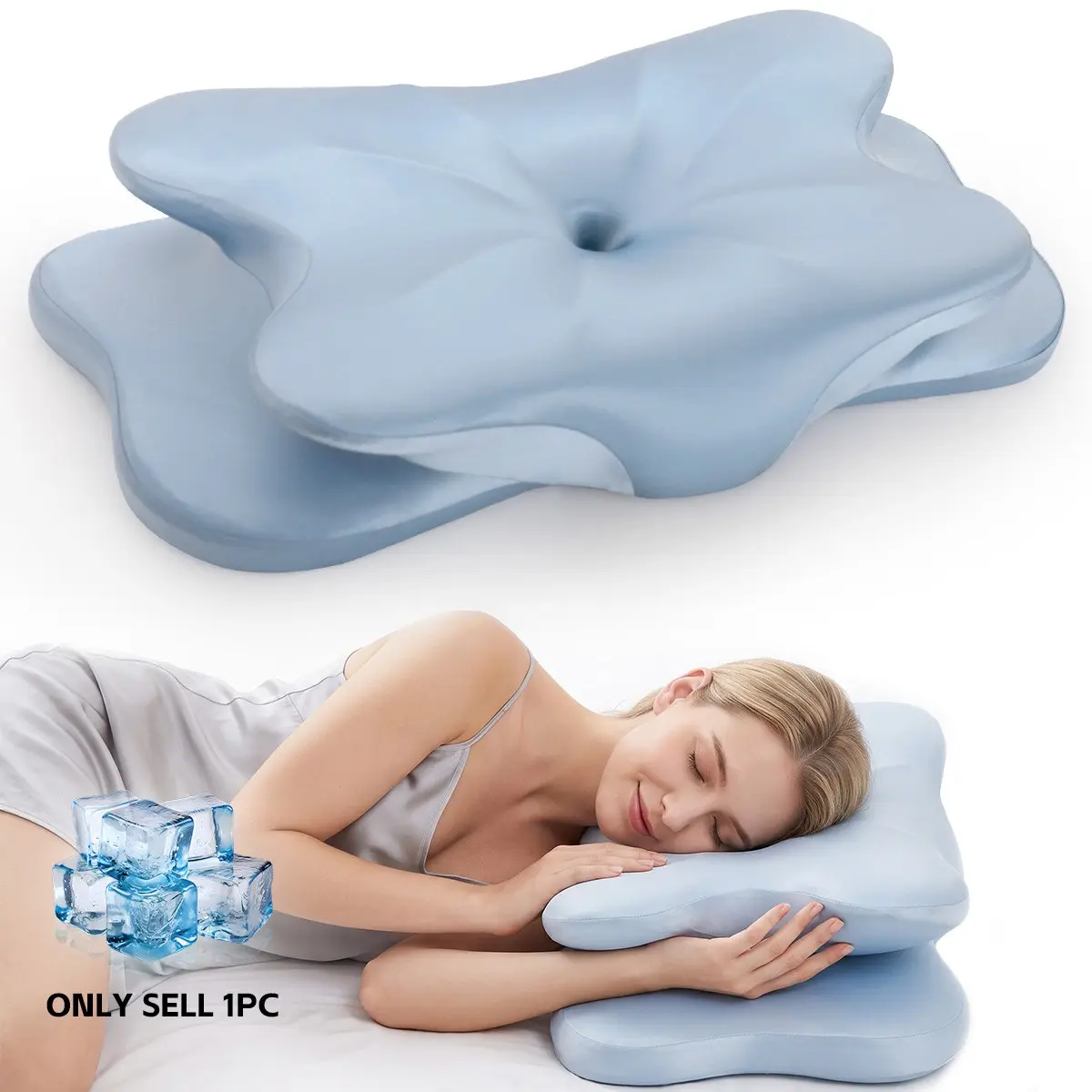 YUNDISSI 1Pcs Light Blue Butterfly Memory Foam Cervical Pillow Cozy Christmas New Year Gift Washable Ice Silk Cooling Fabric Wing Design Neck Groove Support Back Side Sleeper Slow Rebound Dorm Office Nap Better Sleep Gift for Parents