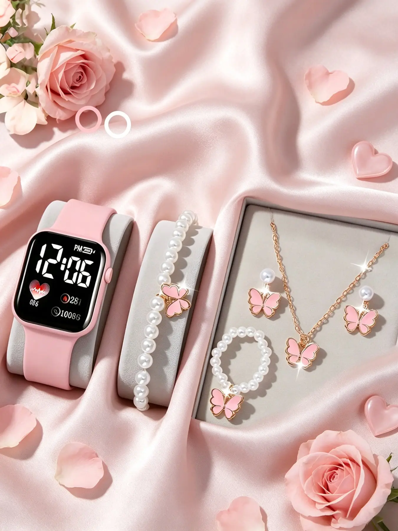 Women's Fashion Watch & Matching Jewelry Set, Including Watch & Butterfly Design Earrings & Bracelet & Ring & Pendant Necklace, Gift for Women, jewellery gift set, without Box