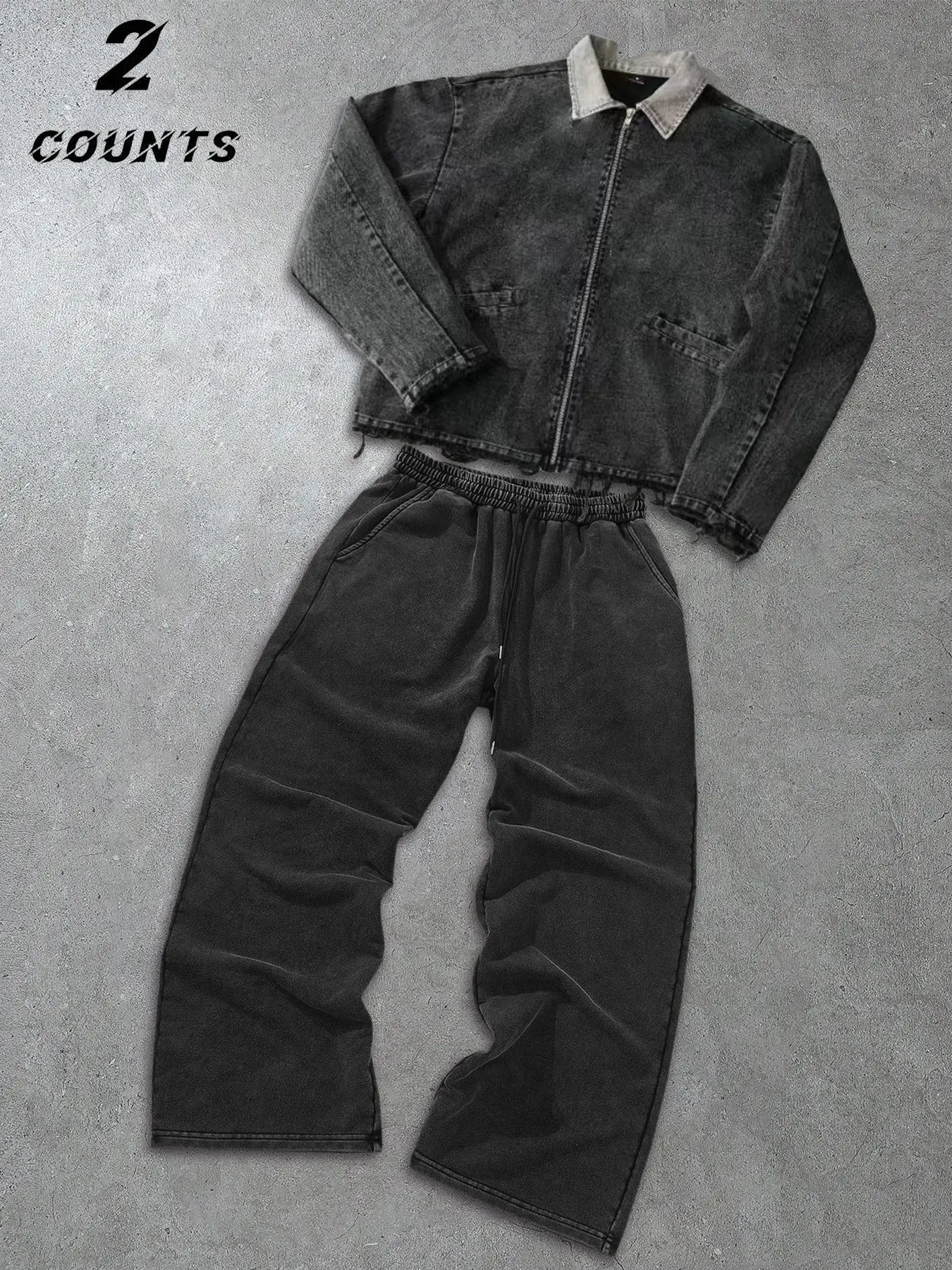 Vintage Contrast Collar Zip Up Jacket and Drawstring Sweatpants Tracksuit Set, Washed Darkwear Casual Daily Matching Outfit Heavyweight Casual Sweatsuit Outfits