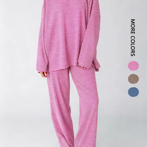 Women's Striped Set, Loose Fit Oversized, Round Neck Long Sleeve Top, Elastic Waist Straight Leg Pants, 2-Piece Comfortable Lounge Wear Pajamas Nightwear, Elastic Waist Loungewear