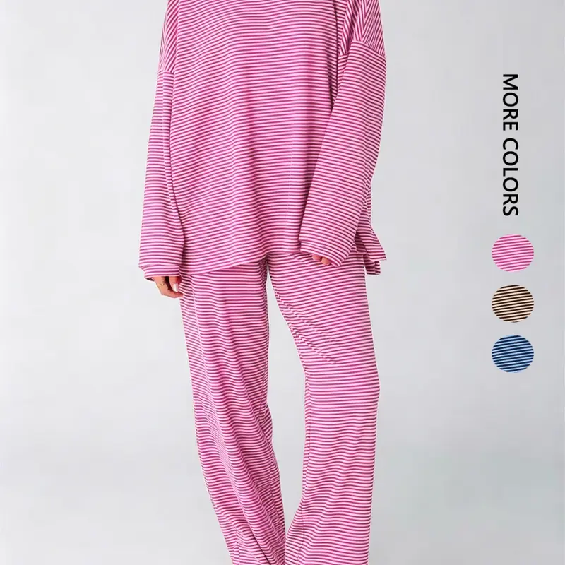 Women's Striped Set, Loose Fit Oversized, Round Neck Long Sleeve Top, Elastic Waist Straight Leg Pants, 2-Piece Comfortable Lounge Wear Pajamas Nightwear, Elastic Waist Loungewear