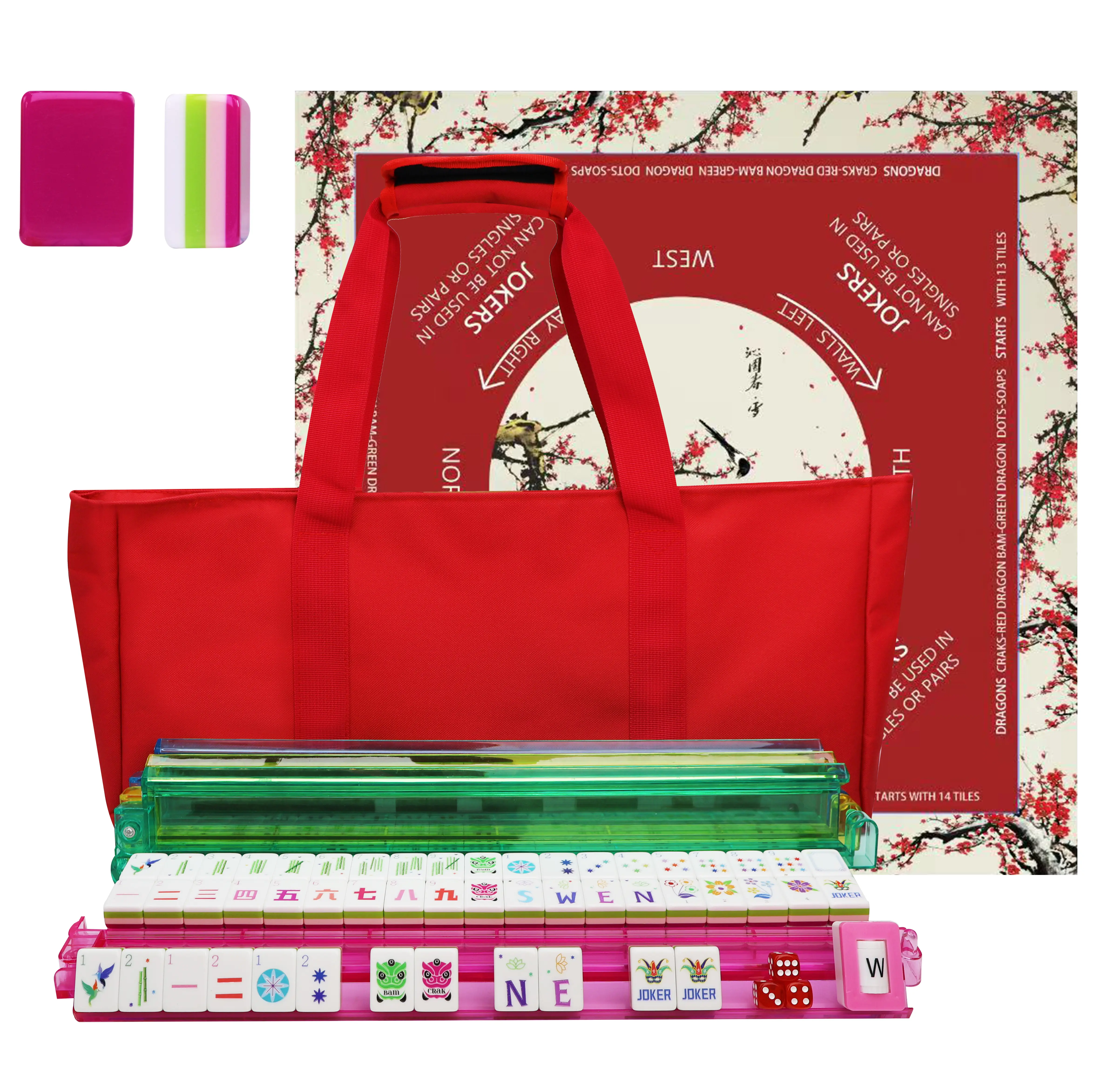 Premium Portable American Mahjong Game Set, 160 Glossy Acrylic Mahjong Tiles, Wooden Racks, Carry Bag & Table Mat, Complete Mahjong Set For Indoor Outdoor Party Family Entertainment