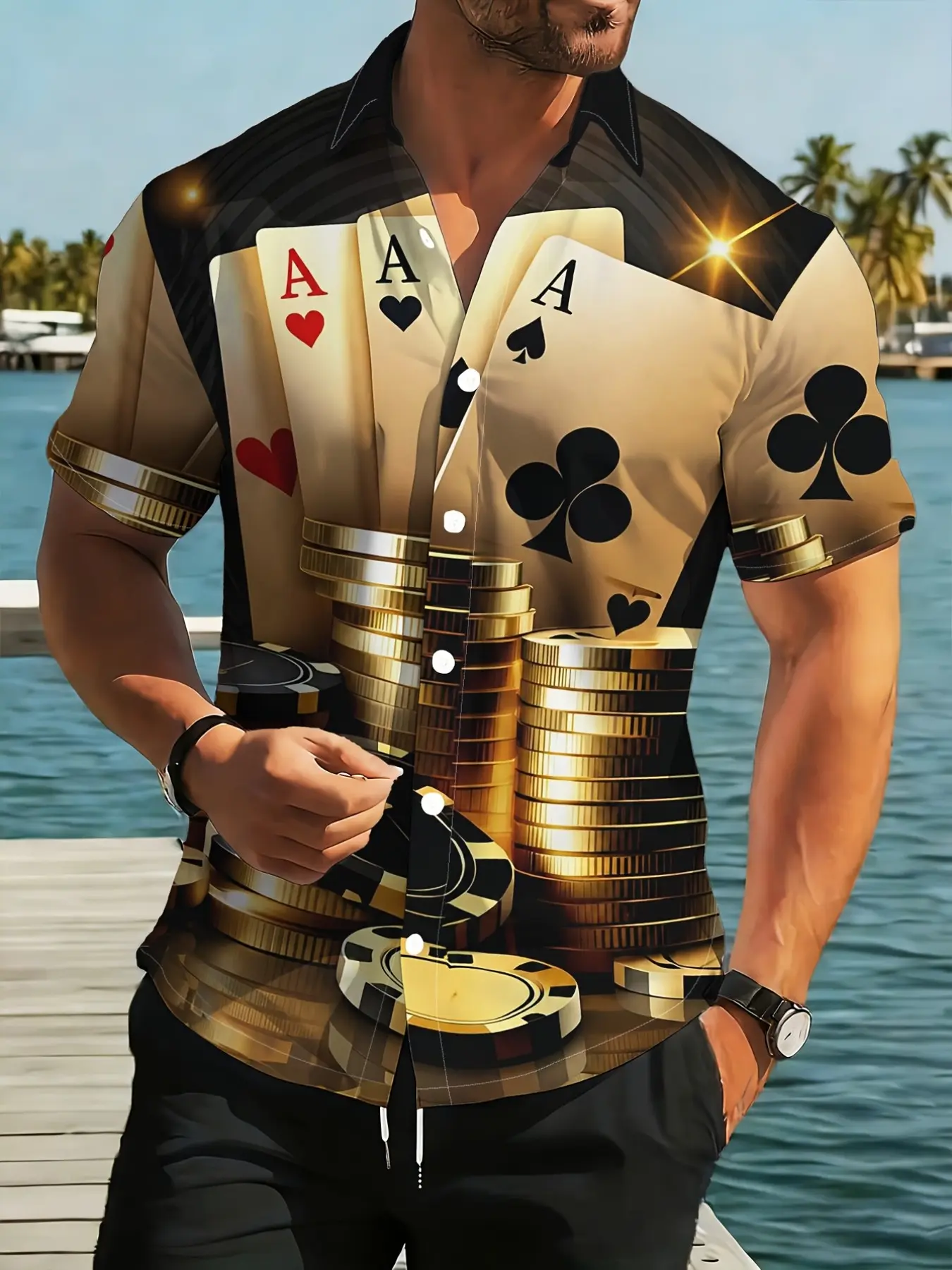 Men's Fashion Poker All Over Print Short Sleeve Shirt, Fun Gambling Theme Top, Las Vegas Style Casual Blouse, All Seasons Fitted Tee