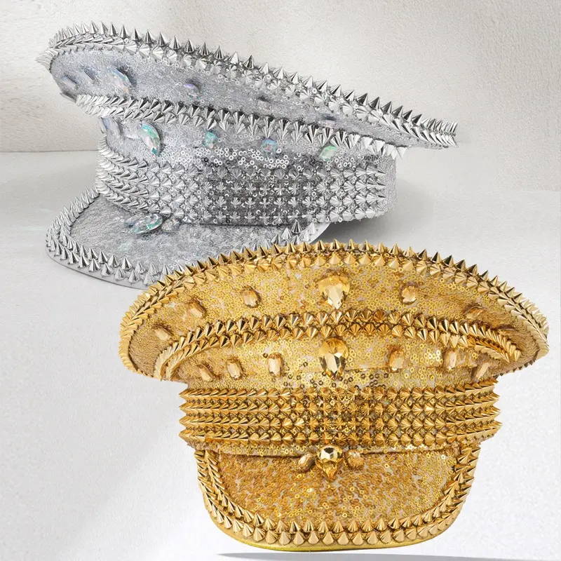 European men's and women's captain's hat, metal rivets with water droplets, gem sequins, accessories, exquisite dance performance