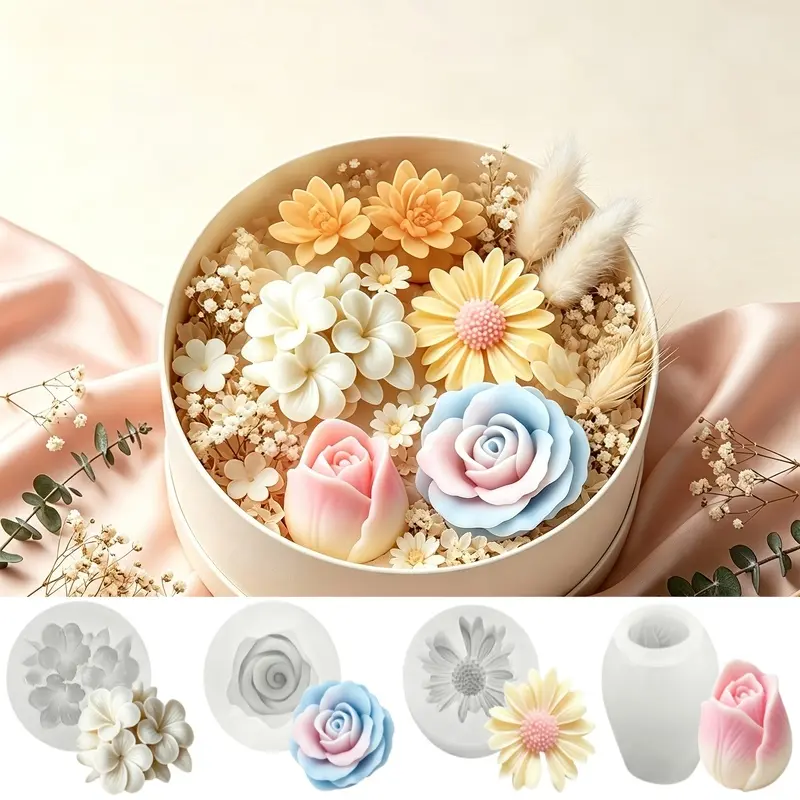 4-piece 3D silicone flower mold set, featuring daisy, white orchid, rose, and tulip shapes, with non stick, heat-resistant, and flexible molds suitable for casting candles, soap, and epoxy resin polymer clay. It is a DIY handmade tool