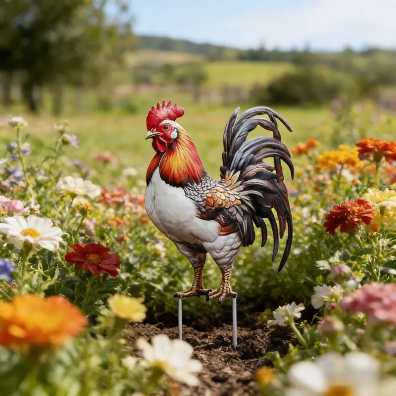Colorful Iron Rooster Garden Stake Statue, Outdoor Lawn Decoration, Farmhouse-Style Ground Ornament, Yard Potted Plant Accent, Holiday Gift, Garden Accessories