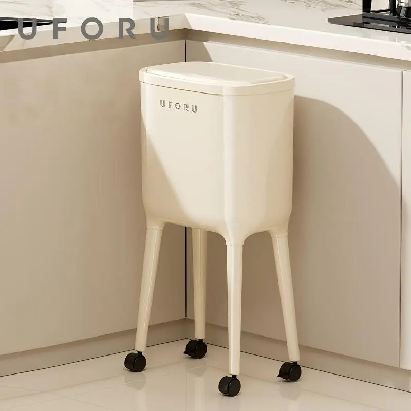 Light Luxury Kitchen Trash Bin, Uforu Press-Open Lid Garbage Can, Tall Legs Mobile Large Capacity, No Bending, Home Living Room Kitchen Use, Rolling Trash Can