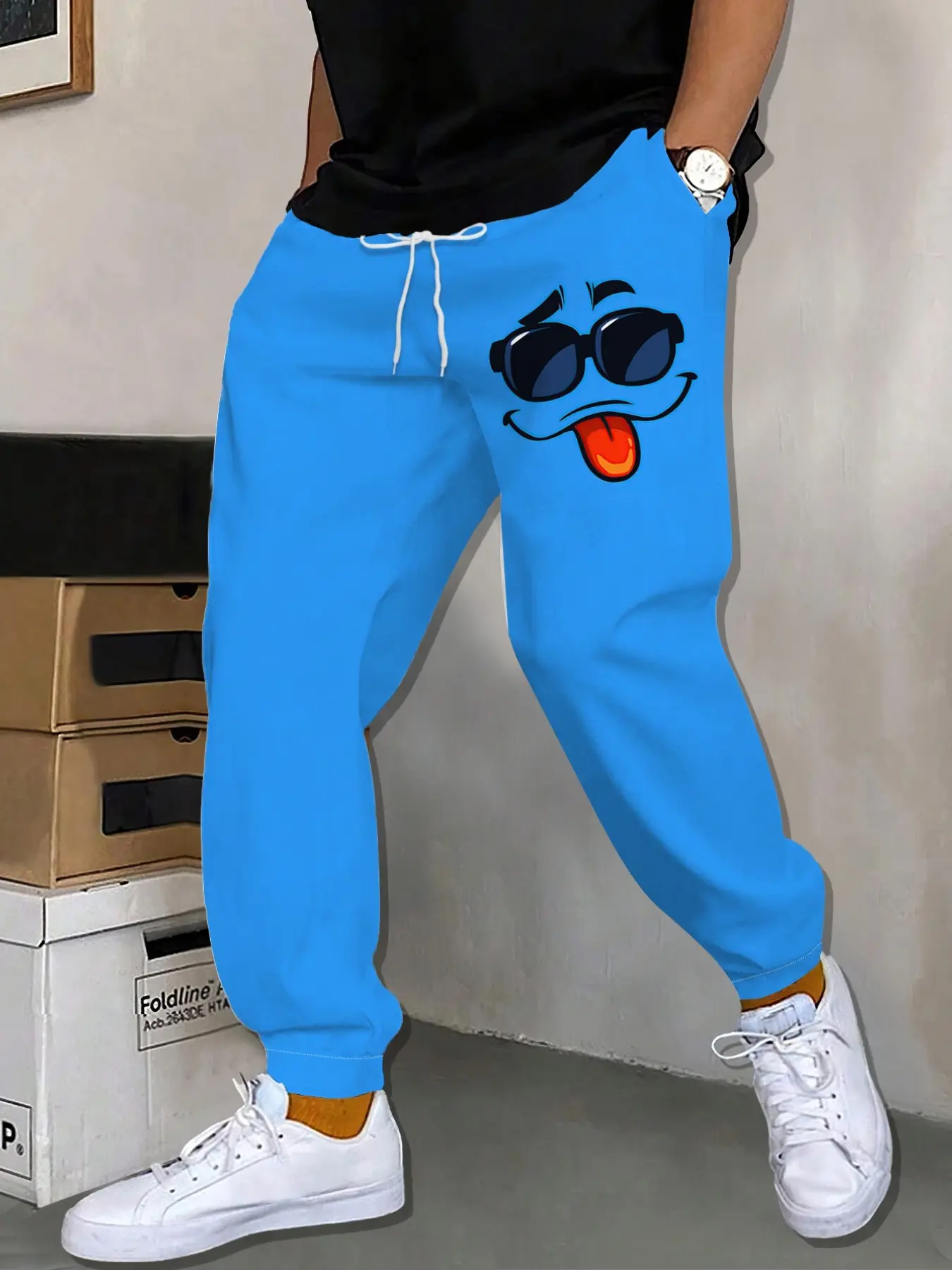 Bright Blue Sunglasses Tongue Out Cartoon Expression Cuffed Sweatpants, American Fun Print Casual Sports Long Pants for Men
