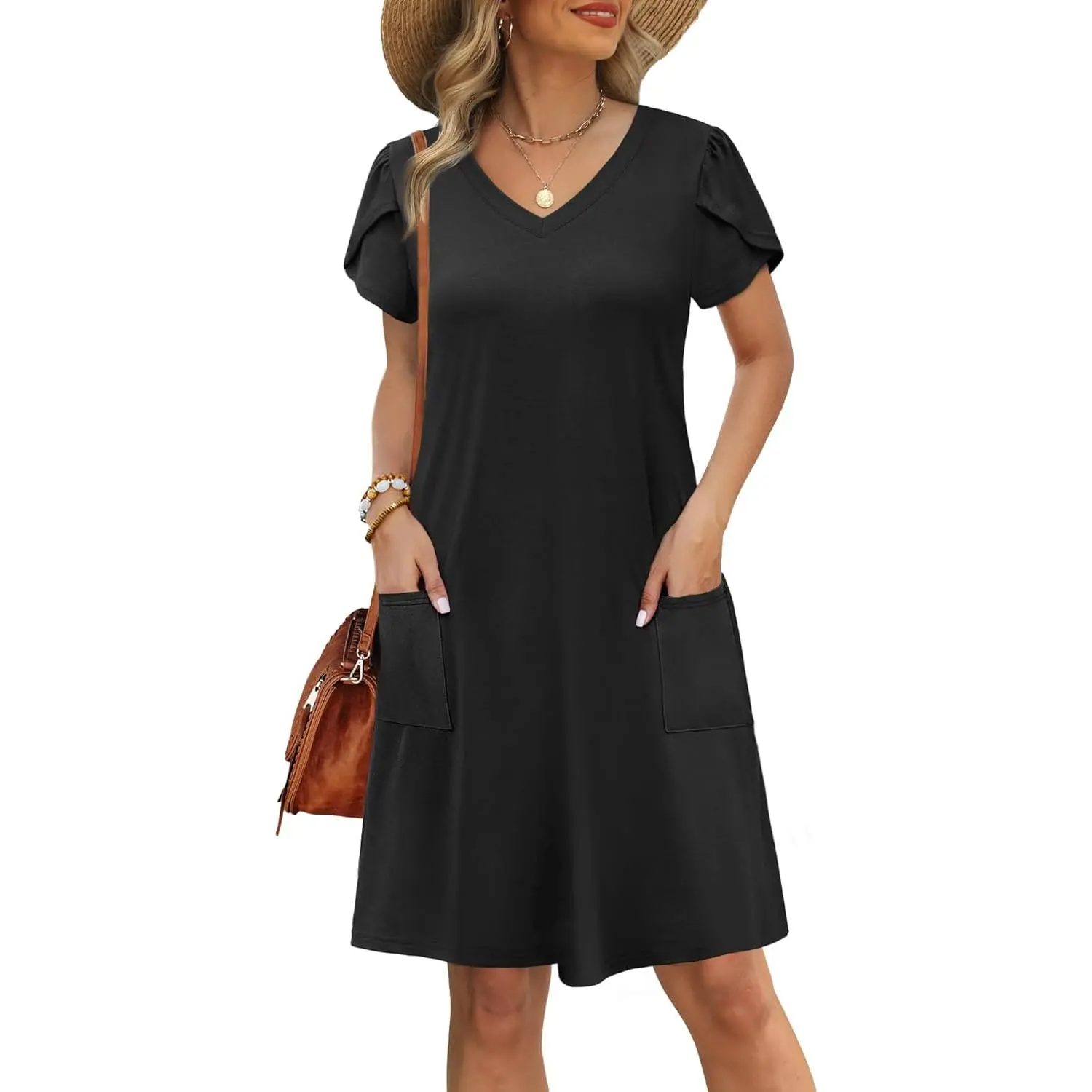 Women's Summer Loose V-Neck Swing Dress with Pockets, Print 01 Tulip Short-Sleeve Plain Casual Wear Clothing Set