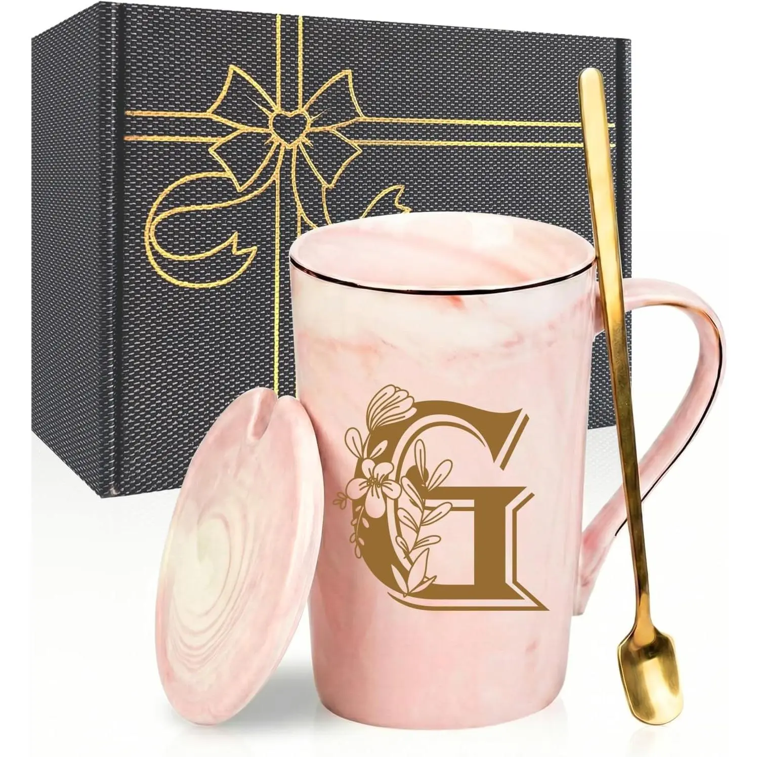 Ceramic Letter G Personalized Initial Cup - 14 oz Washable Drink Mug Set with Lid, Spoon & Box, Ideal Birthday Gift for Mom, Bridal Shower Present