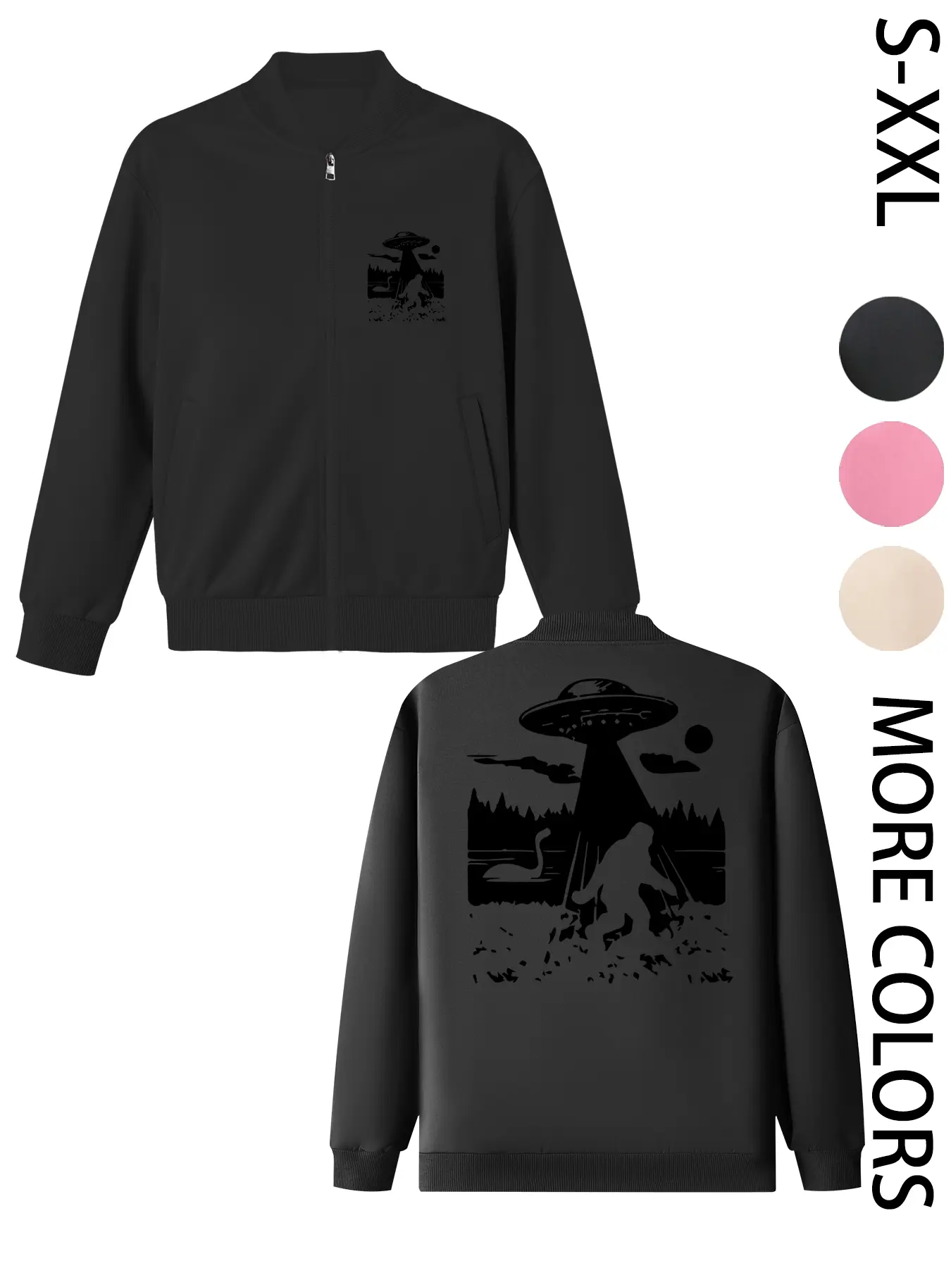 Women's American Street Style Hoodless Bomber Jacket with "UFO" Print, Lightweight Zip-Up Jacket, American Street Style Print Design, Suitable for All Seasons, Casual & Street Style