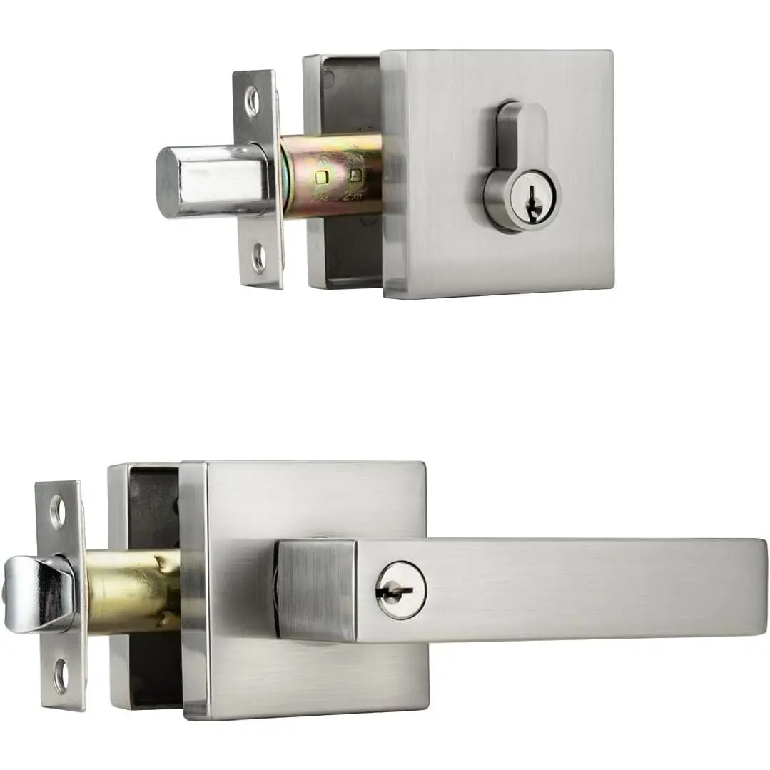 Keyed Entry Door Handle with Lock,Front Door Lock Keyed Alike, Satin Nickel Exterior Door Lock Set with Deadbolt