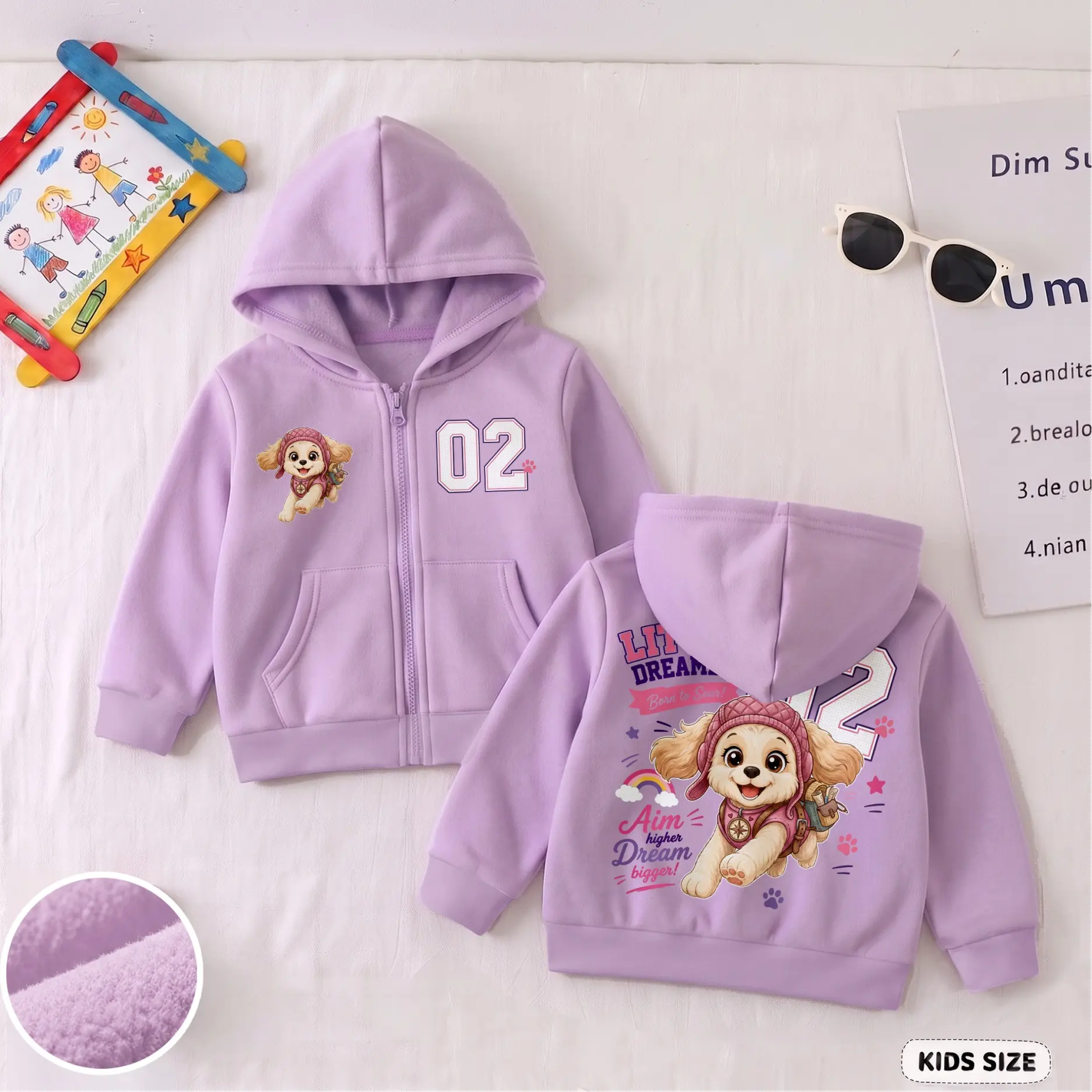 Girls’ Little Dreamer Puppy Graphic Zip-Up Hoodie, Cute Number 02 Front Print and Large Back Design, Long Sleeve Hooded Jacket with Pockets for School, Travel, Outdoor Play and Daily Wear