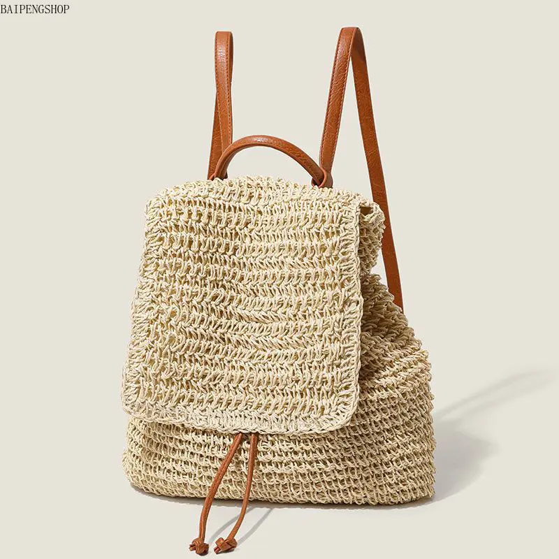 Women Brown Hand Woven Straw Backpack, Adjustable Shoulder Straps Lightweight Rucksack, Versatile Minimalist Daily Bag For Beach Travel Casual Everyday Outfits