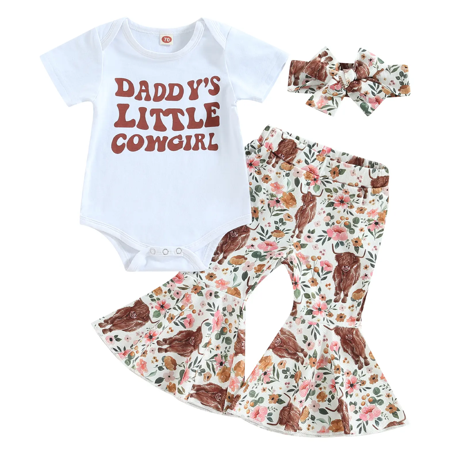 Ma&Baby 3Pcs Baby Girl Clothes Short Sleeve Letter Romper + Floral Cow Print Flare Pants + Headband Western Cowgirl Outfit Set