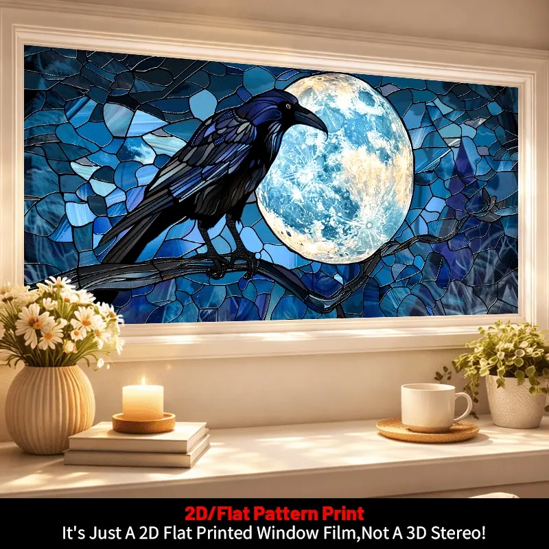 2D Flat - 1pc, Window Decals For Glass Windows, Dark Art Style Window Film, 2D Flat Raven Moonlit Night Pattern Glass Window Sticker, Glass Door And Window Decorative Sticker, PVC Electrostatic Adsorption Glue-Free Decorative Window Film