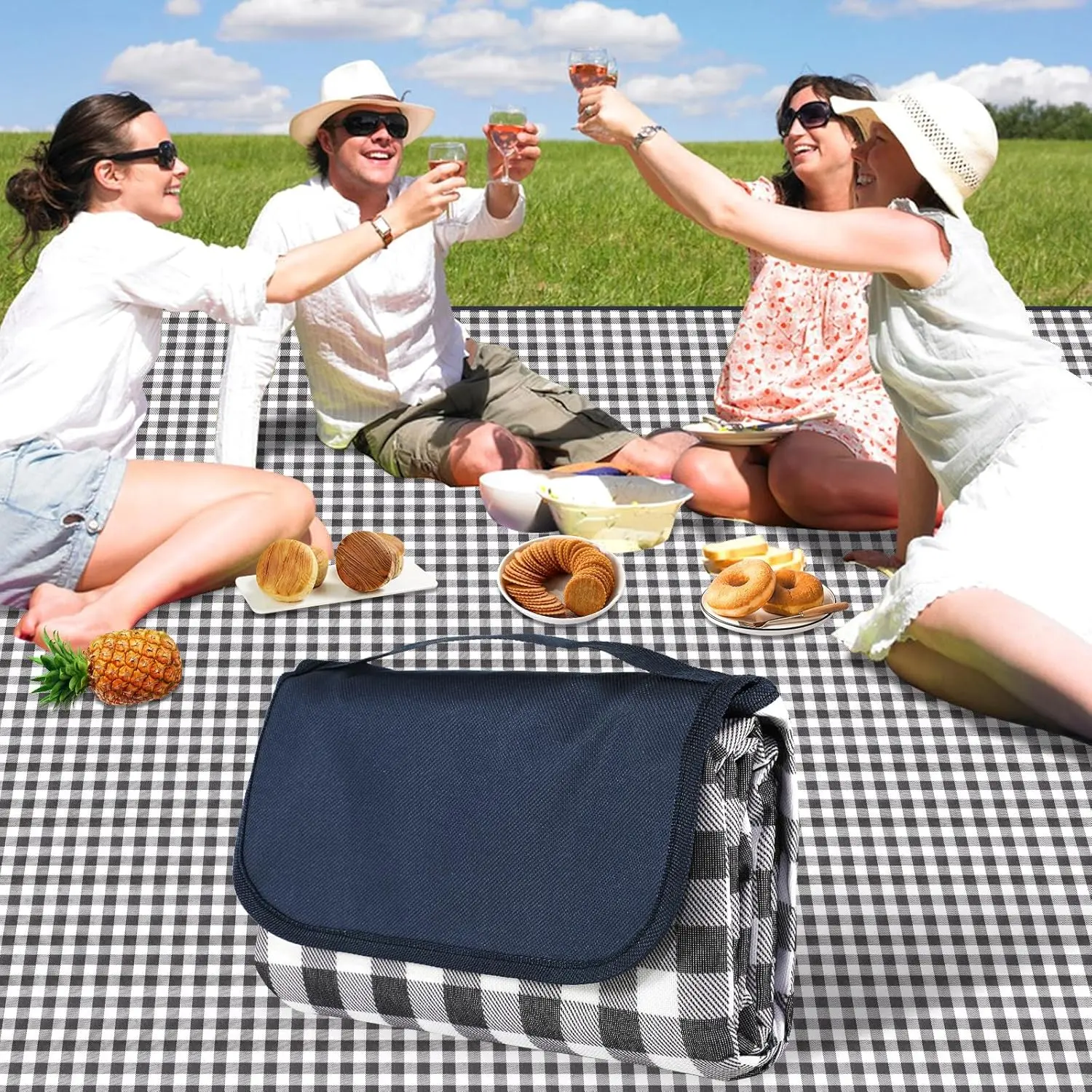 Picnic Blanket,78” × 78” Large Camping Blanket,with Handle, and sandproof Bottom,Machine Washable,Outdoor Foldable Hiking Blanket,Portable and Easy to Clean (Blue Grid)