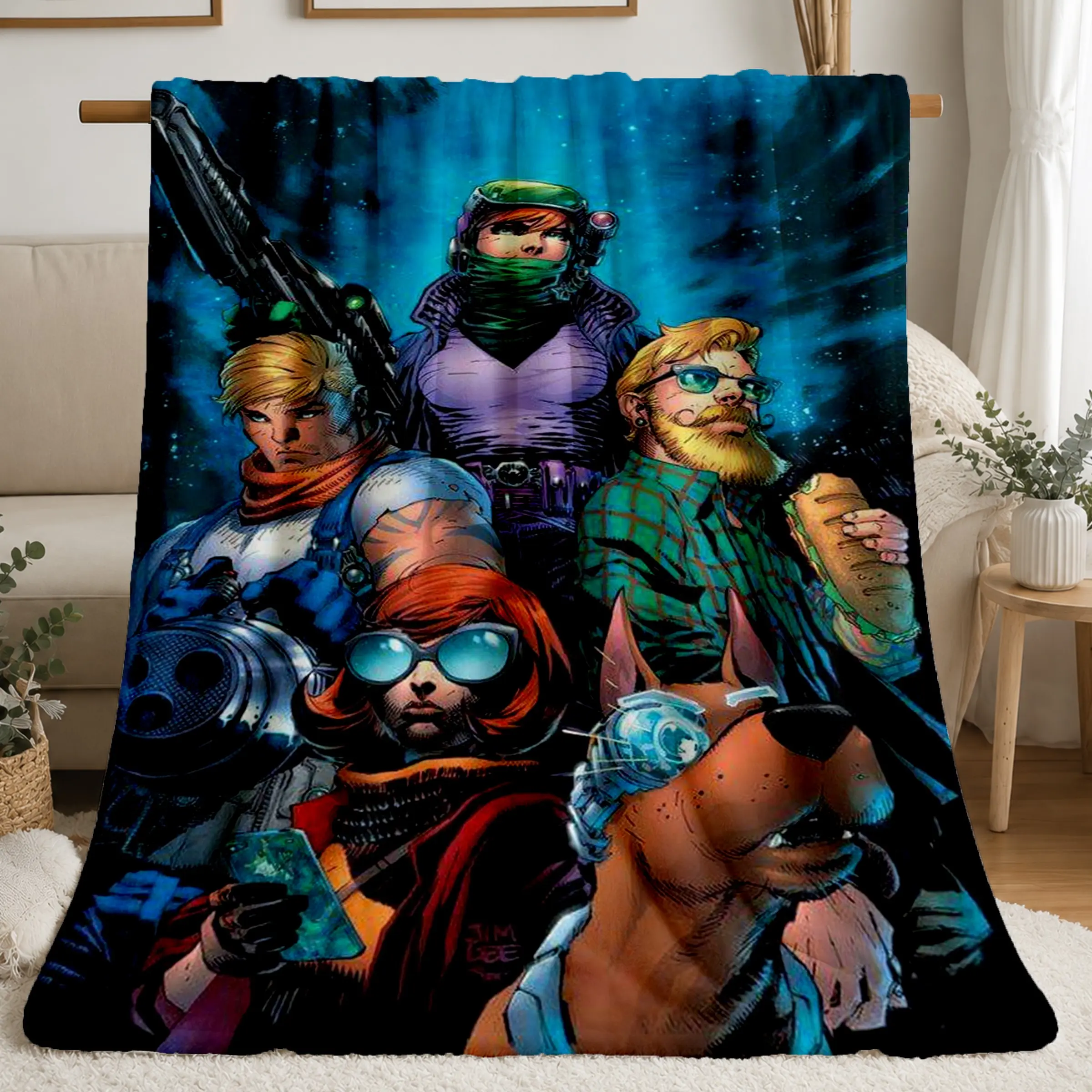 Comic Style Space Adventurer Team Flannel Throw Blanket, Colorful Sci-Fi Characters, Futuristic Weapons, Starry Sky Artwork, Sofa, Bedroom, Travel, Cozy Throw Blankets