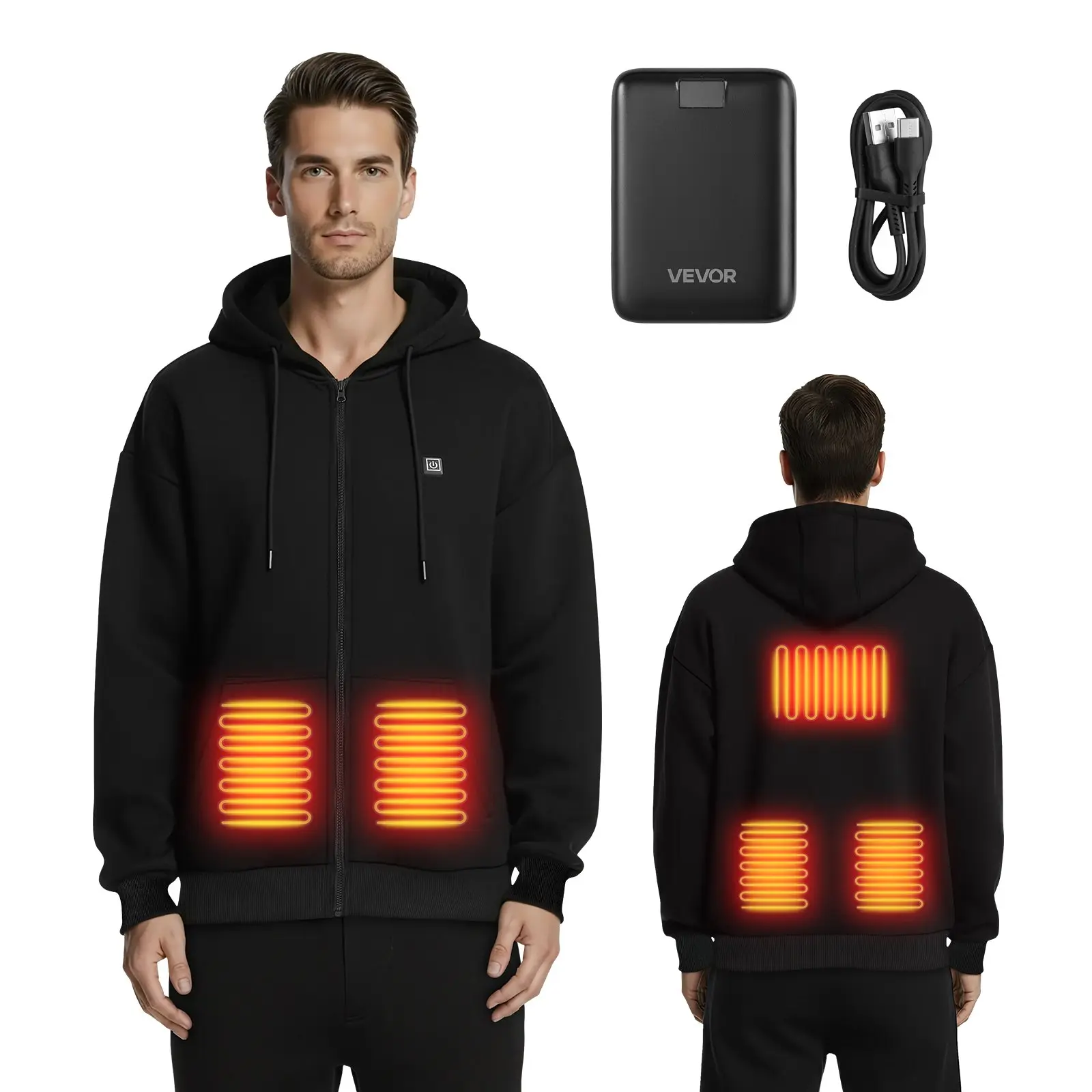 VEVOR Full-Zip Fleece Heated Zip-Up Hoodie Sweatshirt, Unisex Long-Sleeve Casual Fleece Jacket with 7.4V 16000mAh Power Bank, 5 Heating Zones, 3 Temp Levels, 4-8H Warmth, for Winter Outdoors Camping, Black, XXL