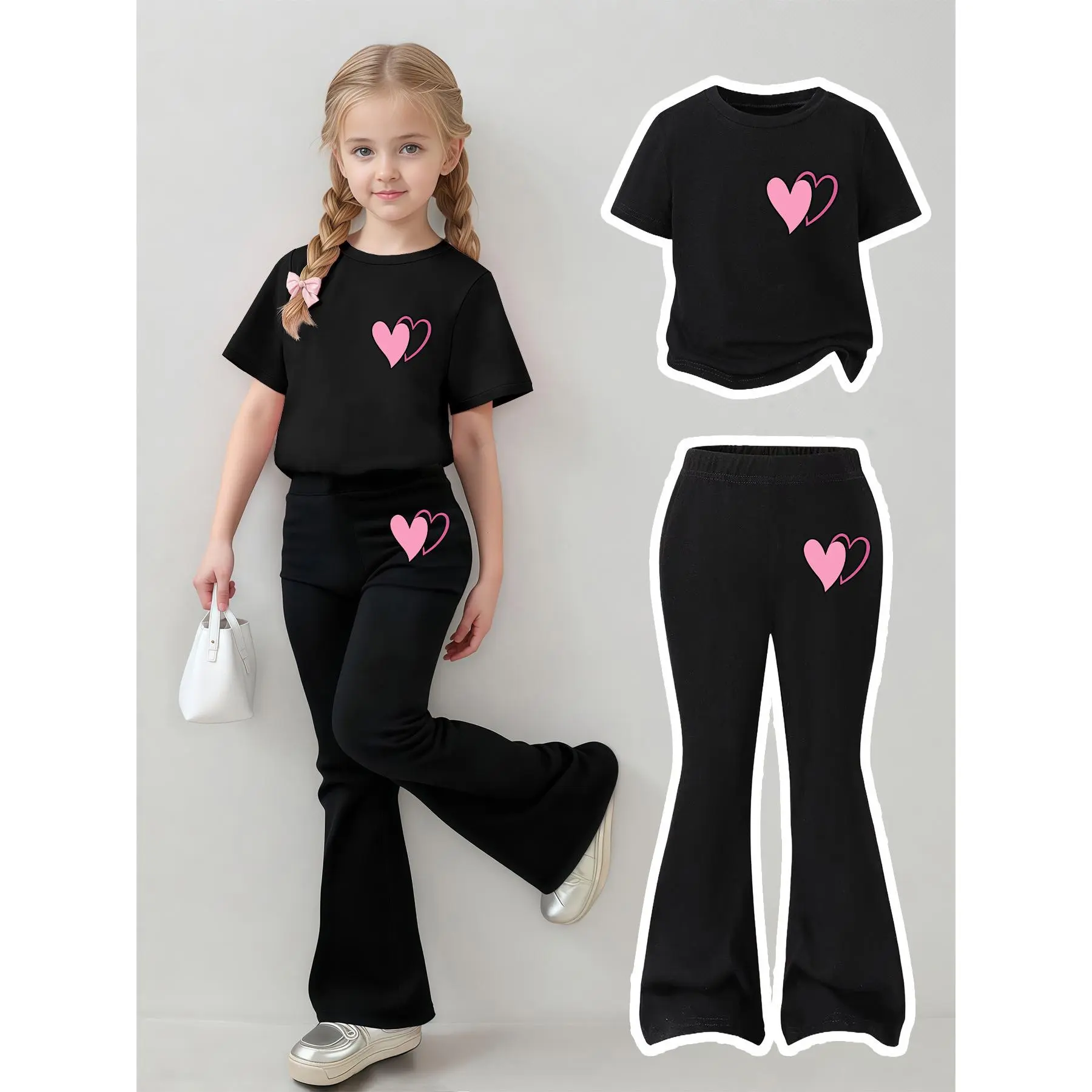 Love's Shadow Girls 2pcs Heart Pattern Print Short Sleeve T-Shirt And Flared Pants Set, Comfortable Soft Skin-Friendly Sweat-Absorbing Round Neck Short Sleeve T-Shirt + Casual Stylish Breathable Flared Pants, Suitable for Ages 3 to 12