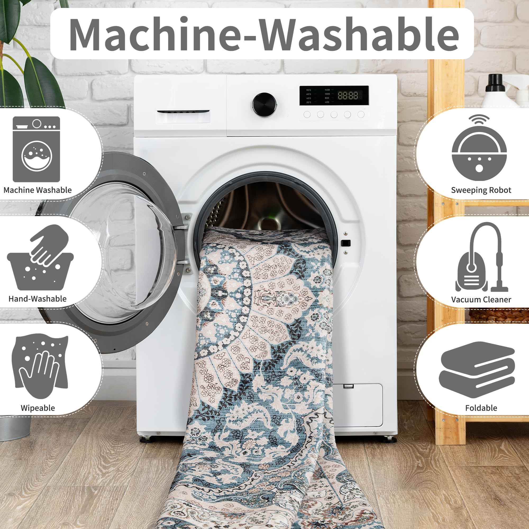 8x10 Area Rugs for Living Room, Machine Washable Vintage Rug, Non-Slip Low Pile Throw Rugs with Rubber Backing Washable Carpet for Bedroom Dining Room Kitchen Home Decor, Blue, Purple, Brown, Green,4x6, 5x7, 6x9, 8x10 Feet