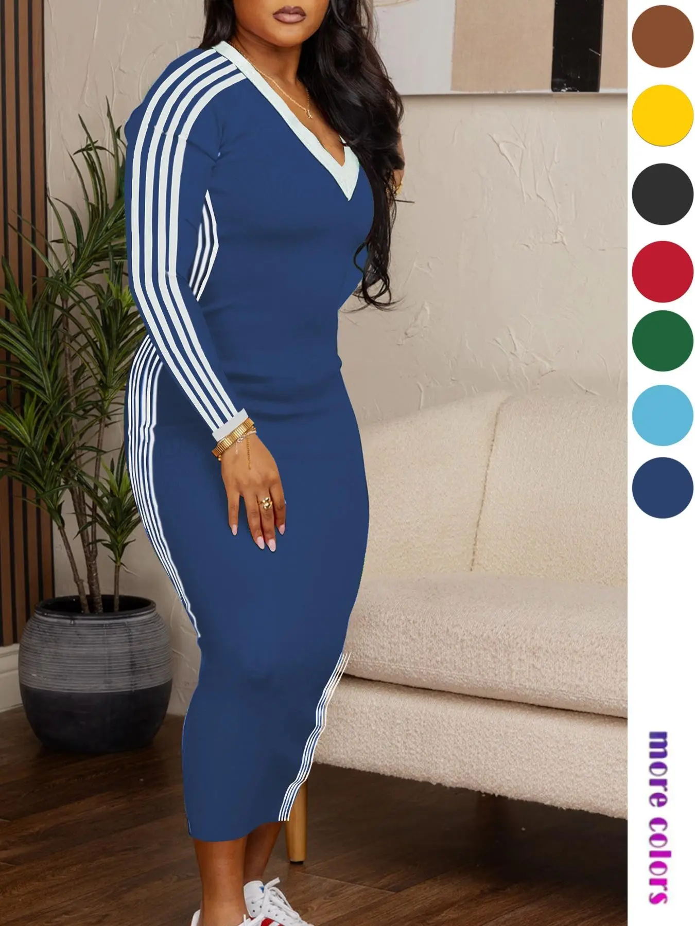 Women's Elegant Fashion Slim Fit V-Neck Short Sleeve Midi Dress, Sexy and Chic Dress, Enhances Your Style, Perfect for Spring and Fall