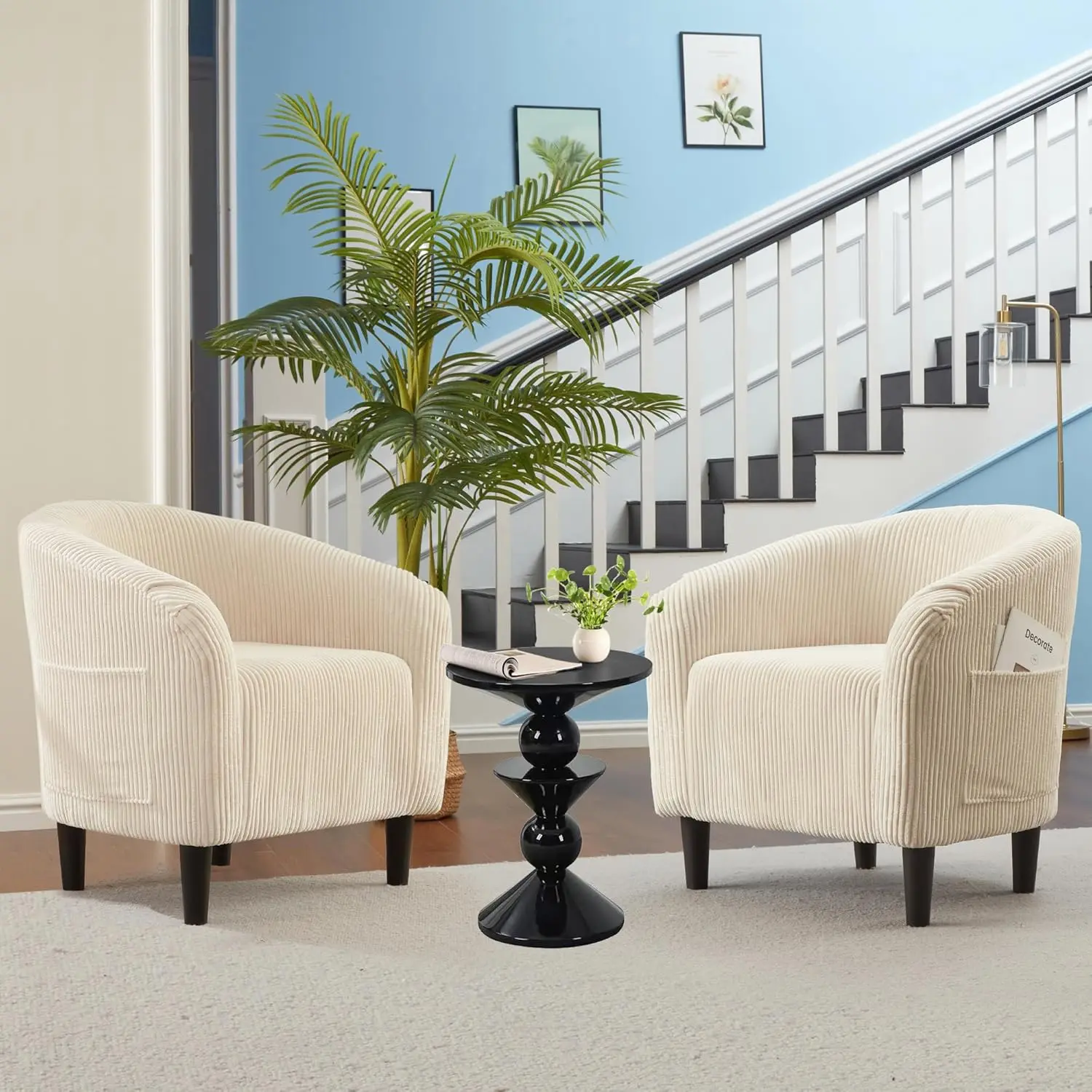 Modern Barrel Accent Chair, Boucle/Velvet Upholstered Club Armchair with U-Shaped Back, Curved Arms & Padded Seat, Solid Wood Legs for Living Room/Bedroom/Reading Nook, Beige/Navy Blue
