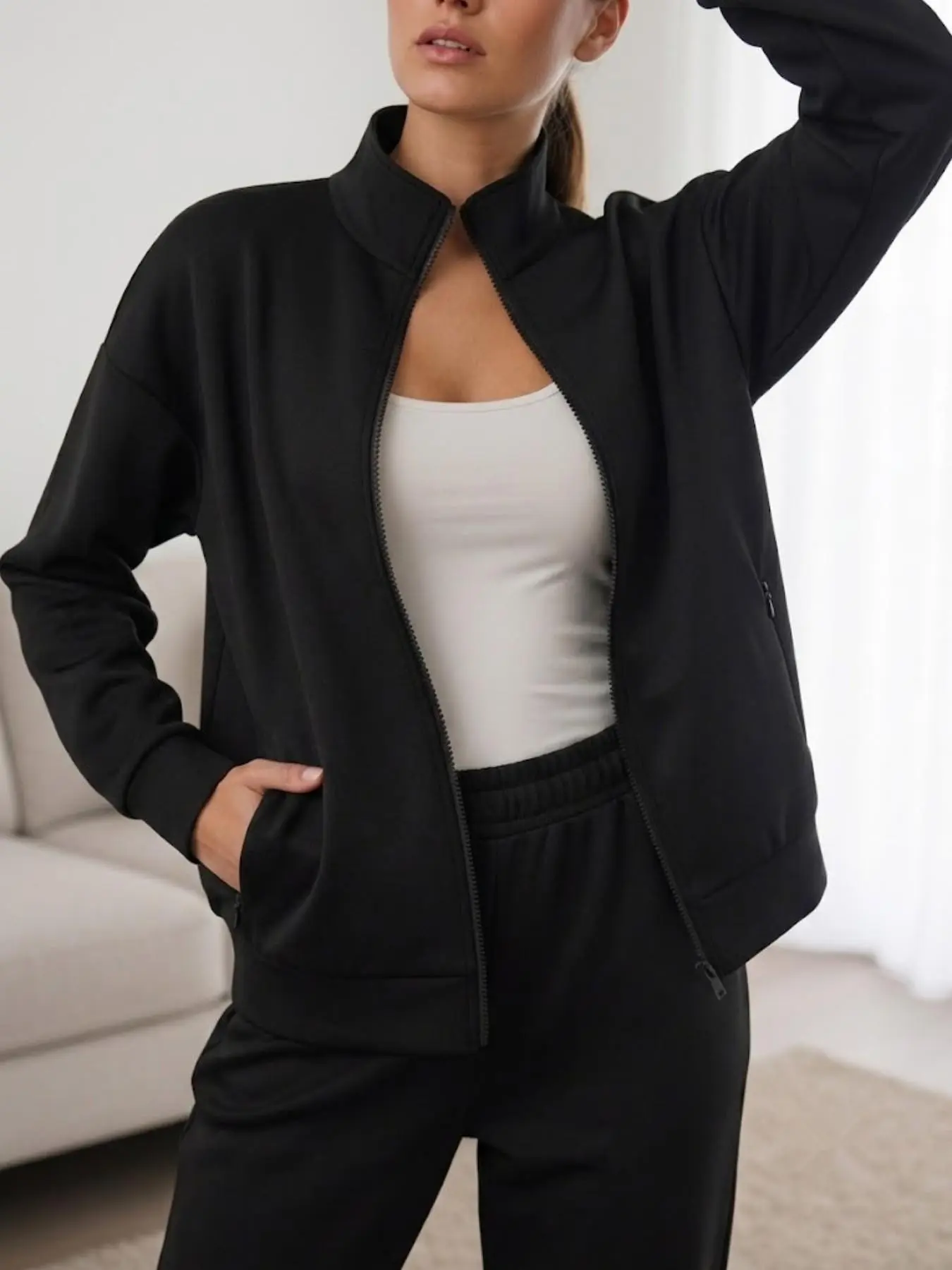 Women's Stand Collar Zipper Pocket Loose Fit Long Sleeve Sweatshirt Jacket, Soft Comfortable Open Front, Casual Fashion Outerwear
