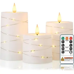 Flameless Candles with Remote Timer, Flickering Battery Operated LED Pillar Fake Candle with String Lights for Home Decor, Christmas, Wedding and Gift, White, Set of 3
