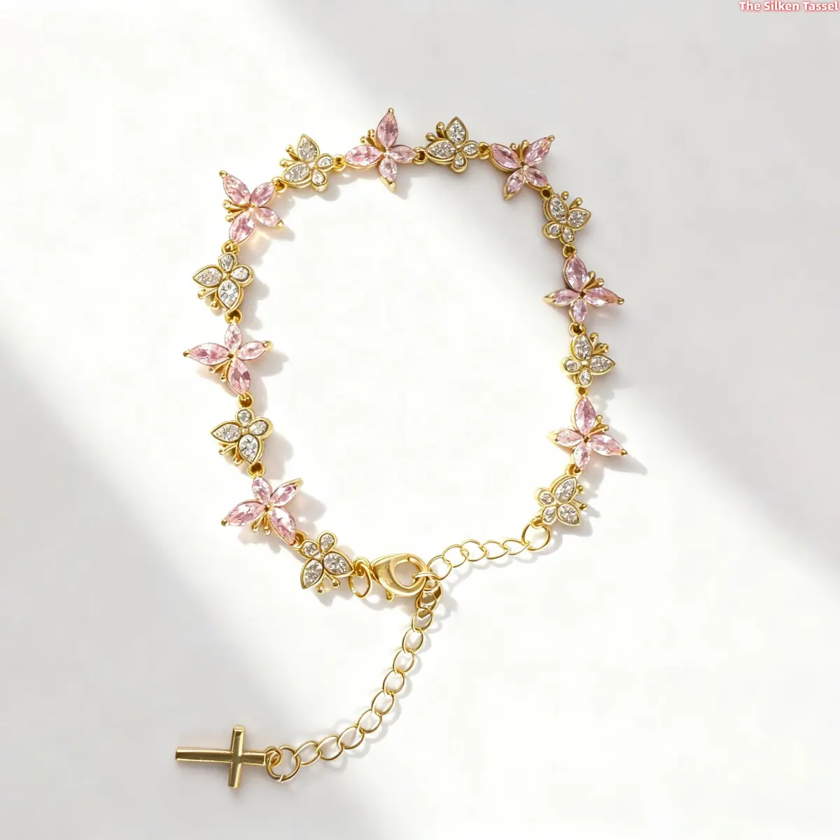 14K Gold Plated Pink Crystal Butterfly Chain Bracelet with Extension Cross Charm, Dainty Marquise Rhinestone Butterfly Adjustable Wrist Jewelry, Hypoallergenic Delicate Bracelet Gift for Women Girls tiktokshopbacktoschool