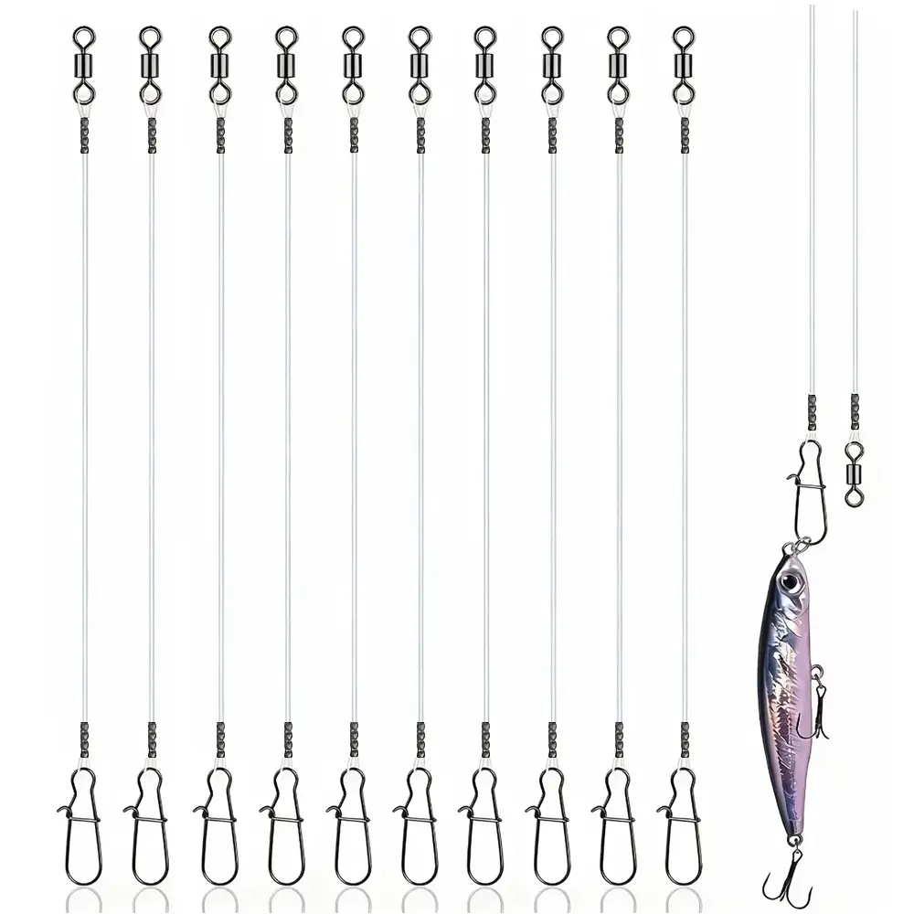 10pcs Fluorocarbon Wire Leader Line with Swivels, High Strength Tooth Proof, Saltwater Freshwater Fishing Gear, Connect Tackle Lures Rig Hooks, Outdoor Fishing Equipment, Durable Fishing Gear