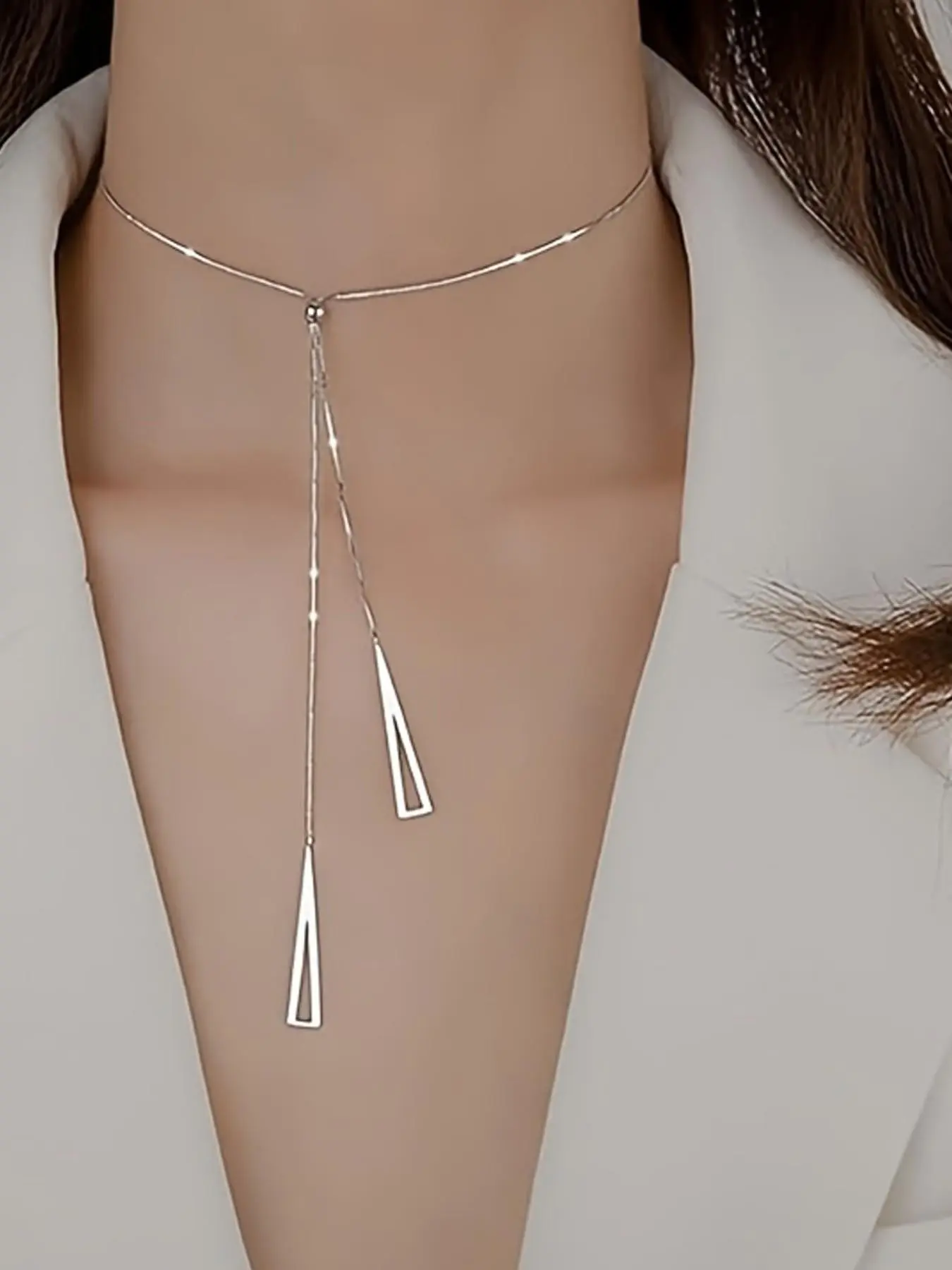 Zipper Design Triangle Pendant Sweater Necklace, Minimalist Silver Color Geometric Long Chain, Women's Daily Party Jewelry Gift, Fashion Minimalist Necklace