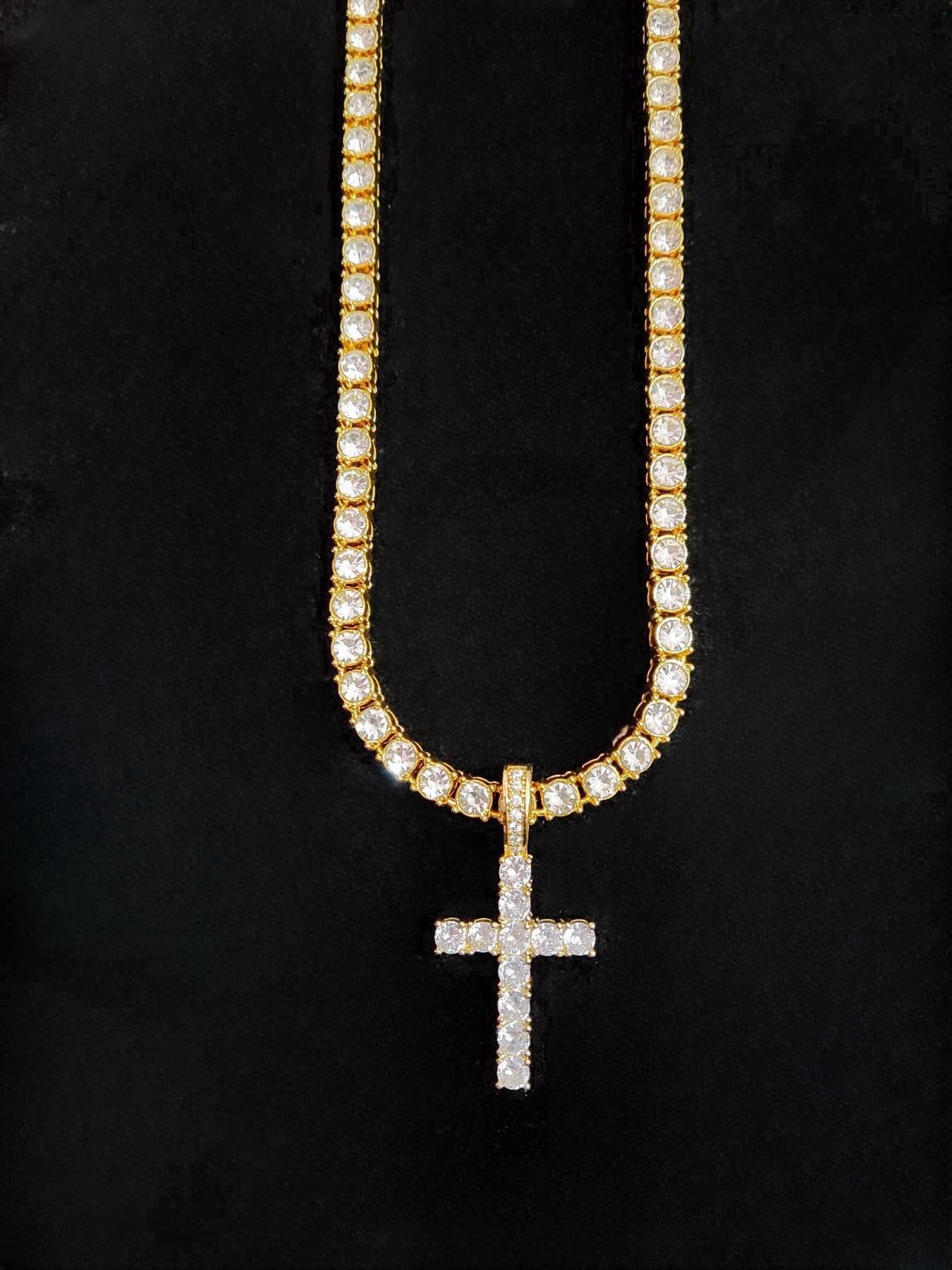 Artificial Zircon Inlaid Cross Pendant Necklace, Punk Style Necklace for Party, Daily Decor, Trendy All-match & Exquisite Hip Hop Jewelry for Birthday Gift, Zirconia Cross Pendant