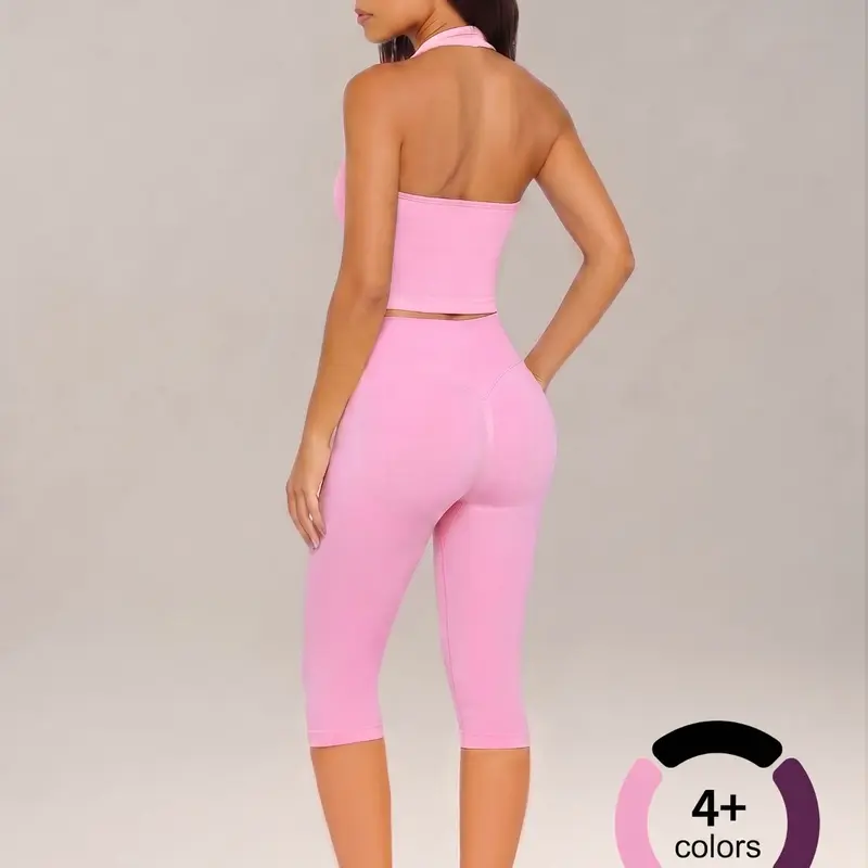 Two-Piece Set Women's Solid Seamless Halter Neck Crop Tank Tops Removable Pads& High Waist Capris Yoga Legging Set Gym Sets, Yoga Active Wear, Breathable Comfortable Outfits for Yoga Gym Workout Running, Ladies Sportswear for All Seasons, Fitness Clothing