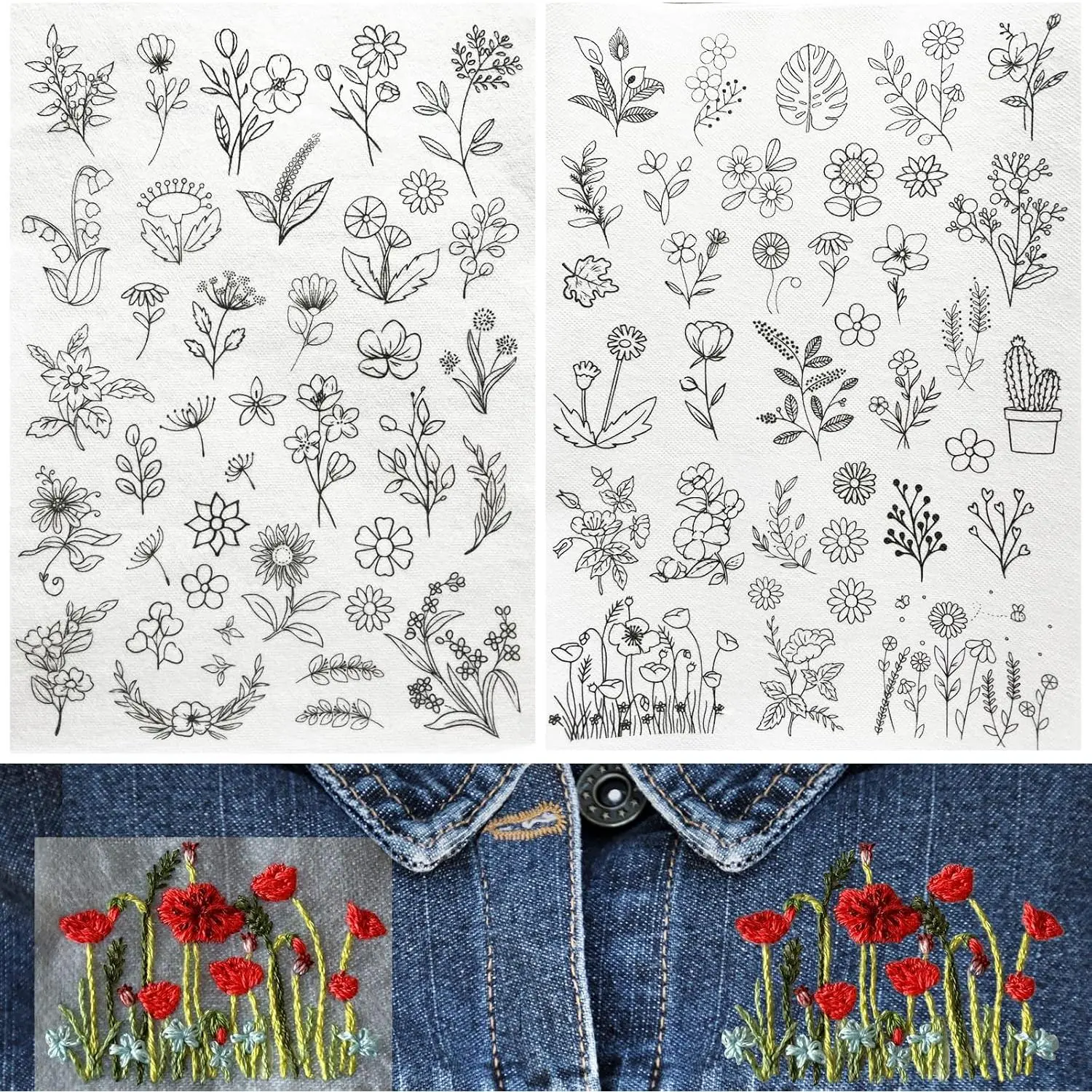 Embroidery Patterns Stick and  Water Soluble Stabilizer Paper | 72 count Wash  with Pre-Printed  Designs Stencils Transfers , fully dissolves in water for Hand Sewing Lover Beginner