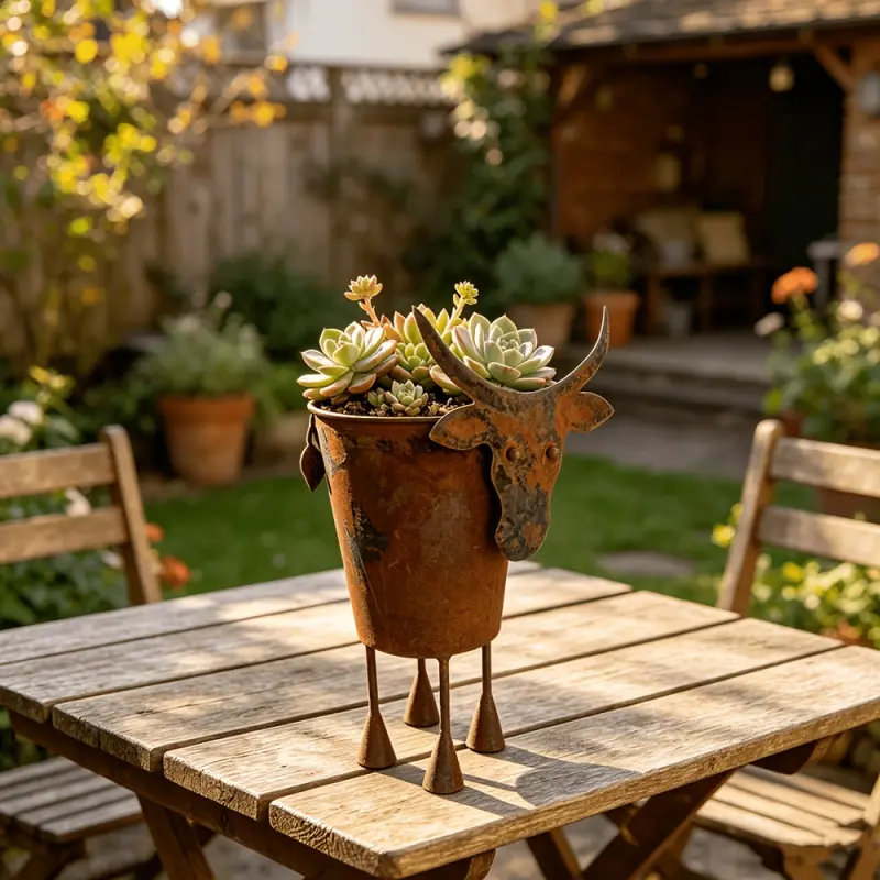 Vintage Rustic-Style Metal Cow-Shaped Plant Pot, Vintage Farmhouse Animal-Shaped Succulent Plant Pot, Rustic Cow Head Tabletop Plant Container, Outdoor Garden Courtyard Decorative Ornament Gift, Suitable For Succulents And Cacti
