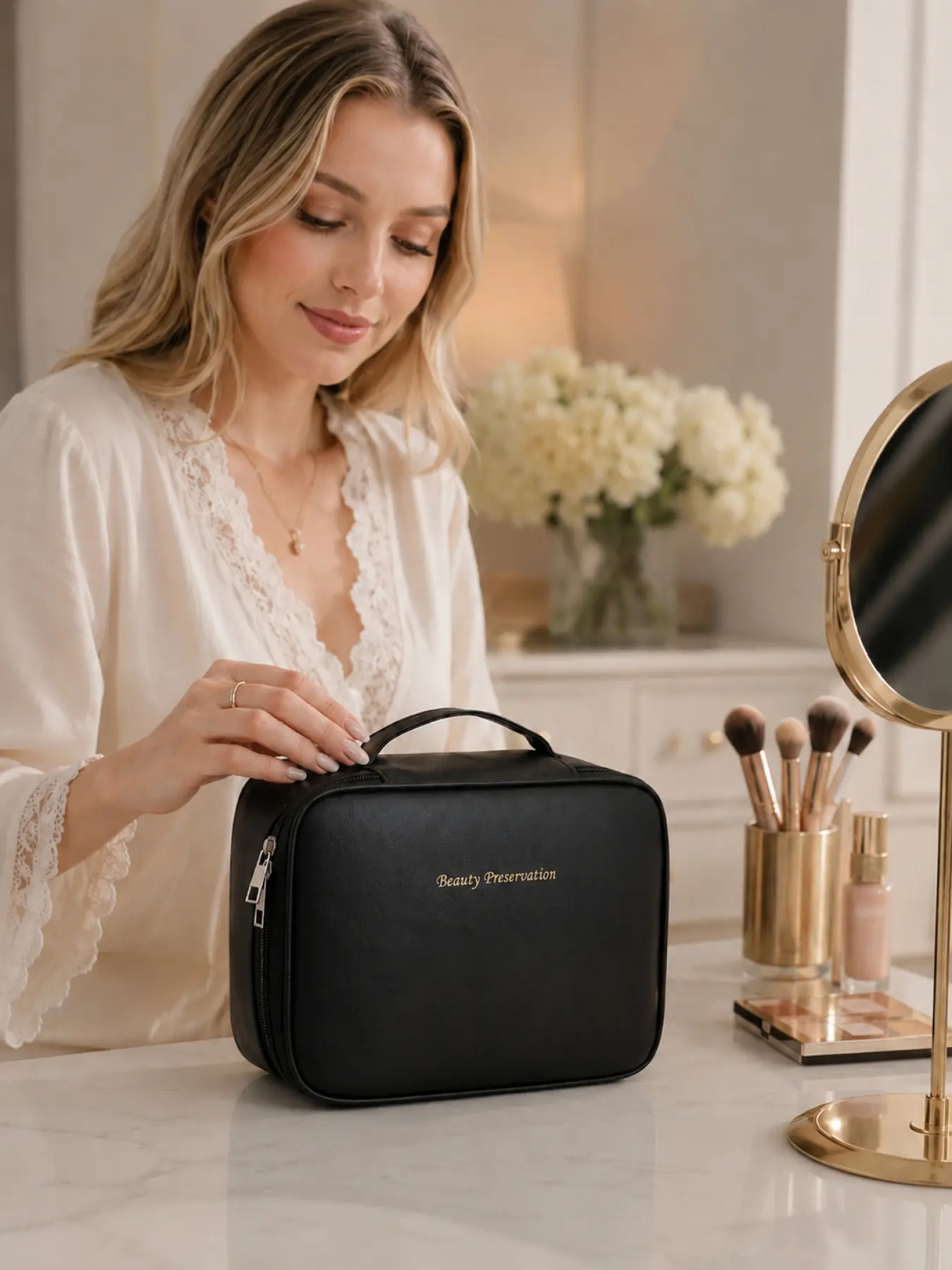 Luxury Cosmetic Organizer Pouch Travel Case with Multi Layer Makeup Storage Compartments and Waterproof Exterior, Portable Makeup Bag for Gym, Vacation and Daily Use, Trendy Holiday Surprise Gift for Mom, Wife, Girlfriend and Sister