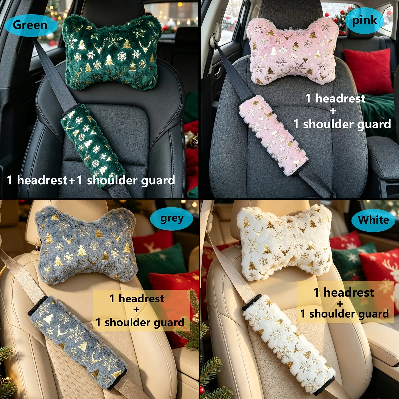 Christmas Snowflake Car Headrest and Shoulder Rest Set, Plush Soft, Holiday Theme, Winter Vehicle Decor, Perfect Gift