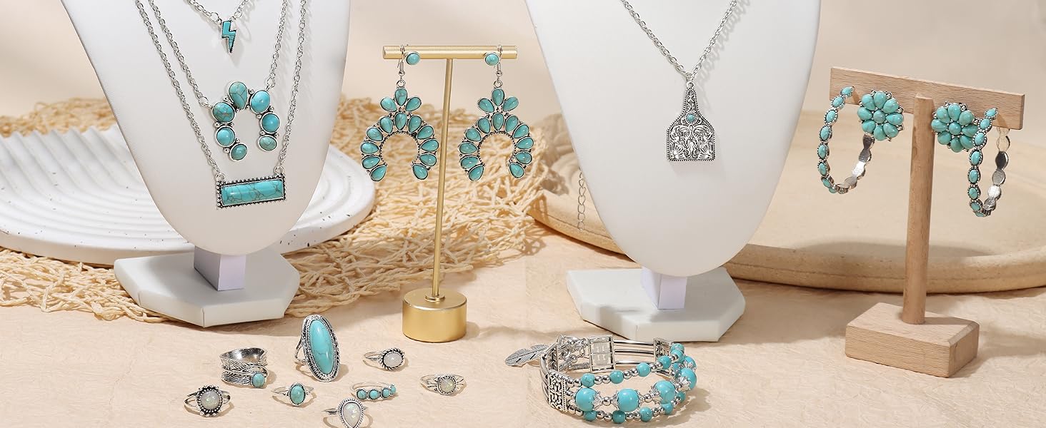 17Pcs Western Turquoise Jewelry Set Boho Layered Necklaces, Dangle Earrings, Stretch Bracelet & Knuckle Rings | Vintage Southwestern Aesthetic | Lucky Gift for Women