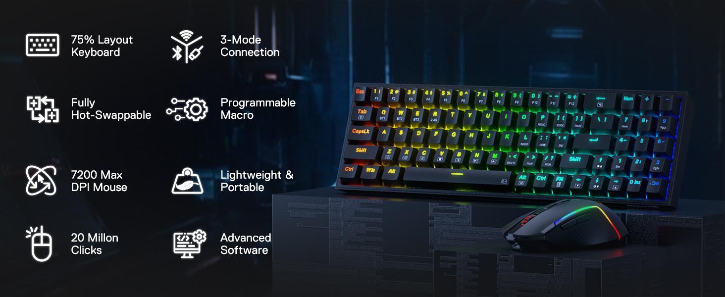 Redragon S136 Gaming Keyboard & Mouse Combo, 75% K628 Tri-Mode Wireless RGB Mechanical Keyboard and 7200 DPI Wireless Gaming Mouse Bundle, Convenient Shared Dongle