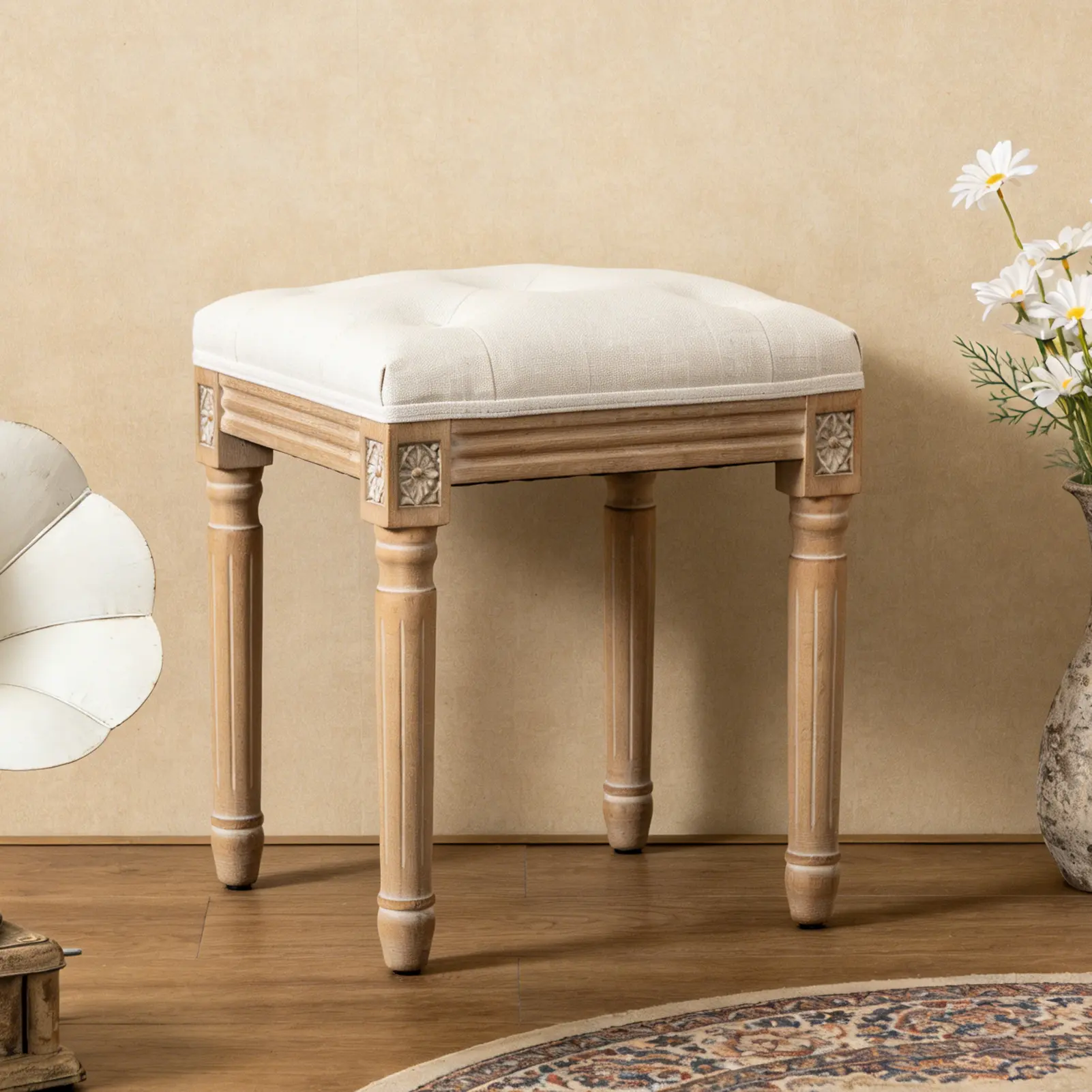 ARCH Tufted Vanity Stool with Linen Upholstery & Carved Solid Wood Legs, Dressing Bench for Bedroom, Beige, 300 LBS Capacity, Easy Assembly, Non-Marking Protectors, 11.8"W x 15.7"D x 18.1"H, Beige Color Options, Solid Wood Material,sohochic