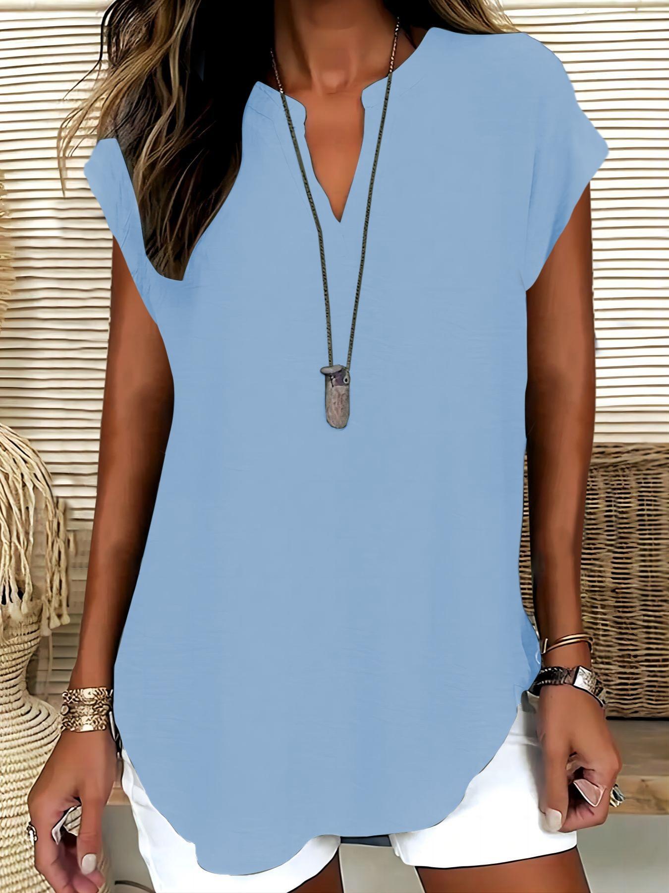 Women's Plain Notched Neck Blouse, Casual Elegant Basic Top for Summer, Ladies Clothes for Daily Wear, Womenswear Women's Plain Notched Neck Blouse, Casual Elegant Basic Top for Summer, Ladies Clothes for Daily Wear, Womenswear