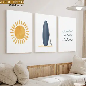2D canvas, 2D/flat 3-piece set, minimalist surfboard beach wall art, coastal resort style canvas painting for living room, wall decoration for bedroom and entryway, perfect for nautical-themed spaces, framed canvas painting