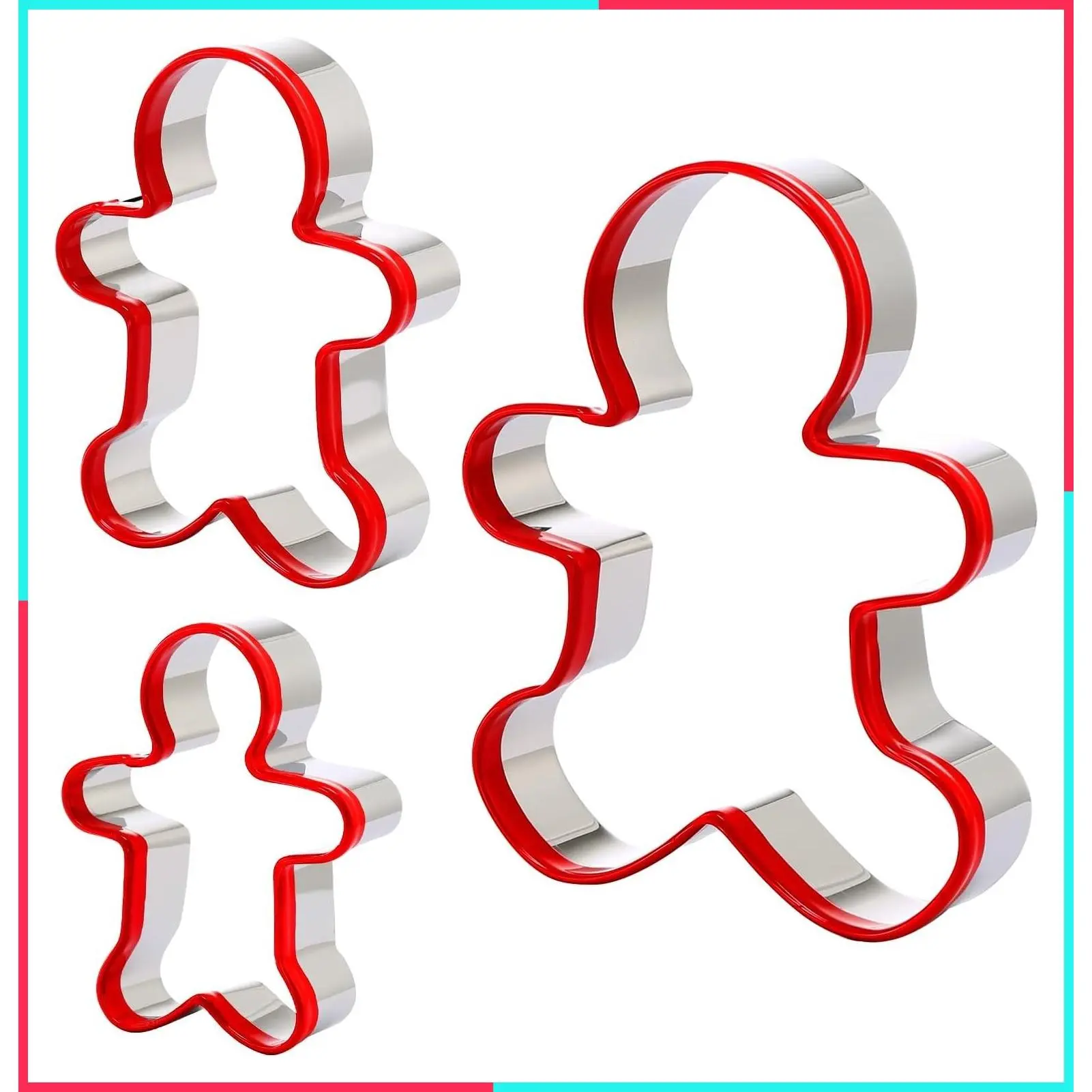 3PCS Stainless Steel Christmas Cookie Cutters Set, Gingerbread Man Shape Moulds with Red PVC Handles for Baking