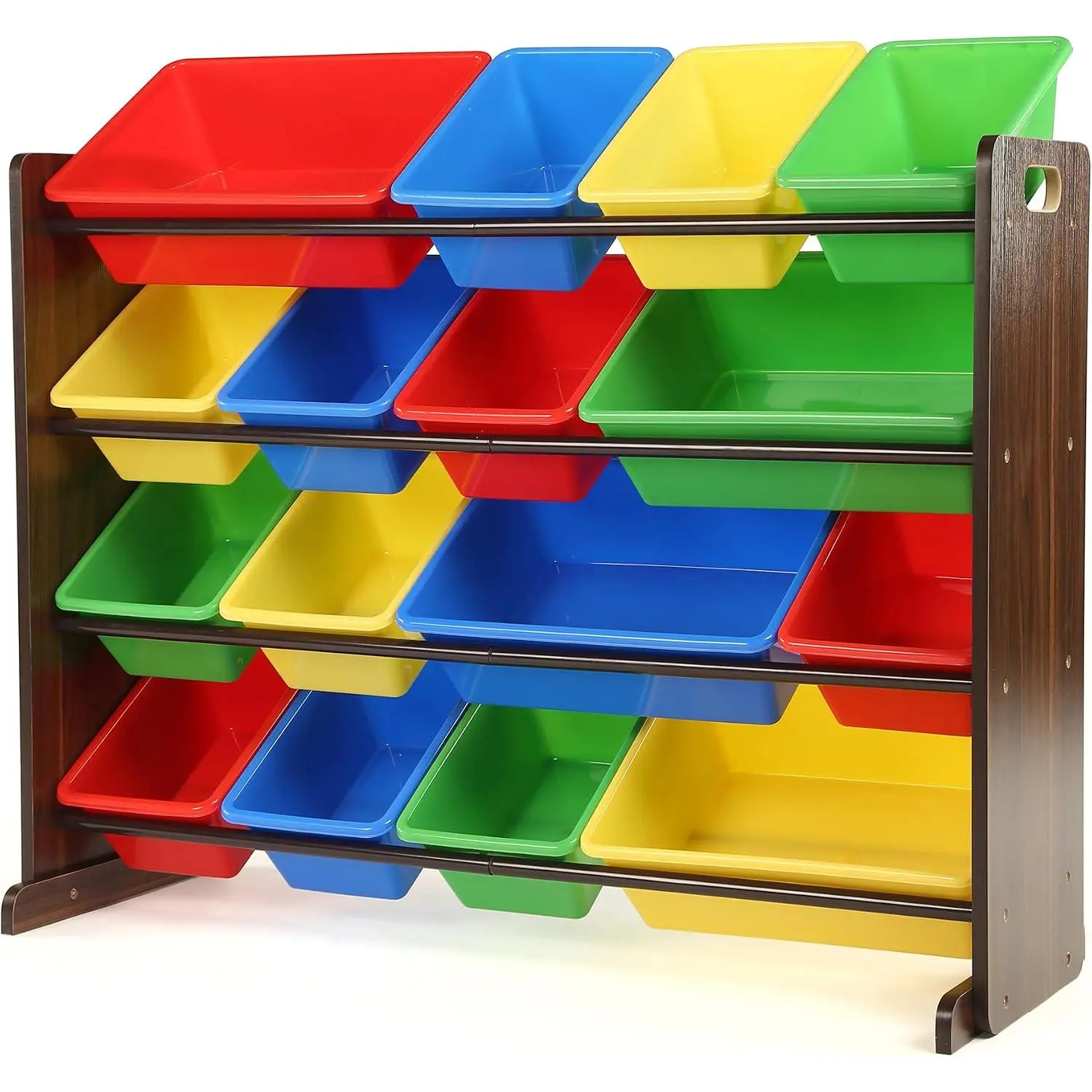 Toy Storage Organizer with 16 Removable Storage Bins for Kids Playroom, 4-Tier Toddler Toy Organization and Storage, Walnut/Primary