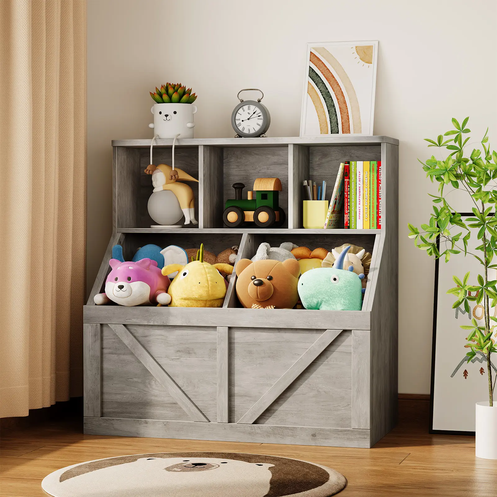 Multi-Use Kids Bookshelf and Toy Storage Organizer with Large Box Shelf – Multifunctional Bookcase and Cabinet for Toddlers, Safe and Stable, Easy Assembly for Bedroom, Playroom, Nursery, Daycare