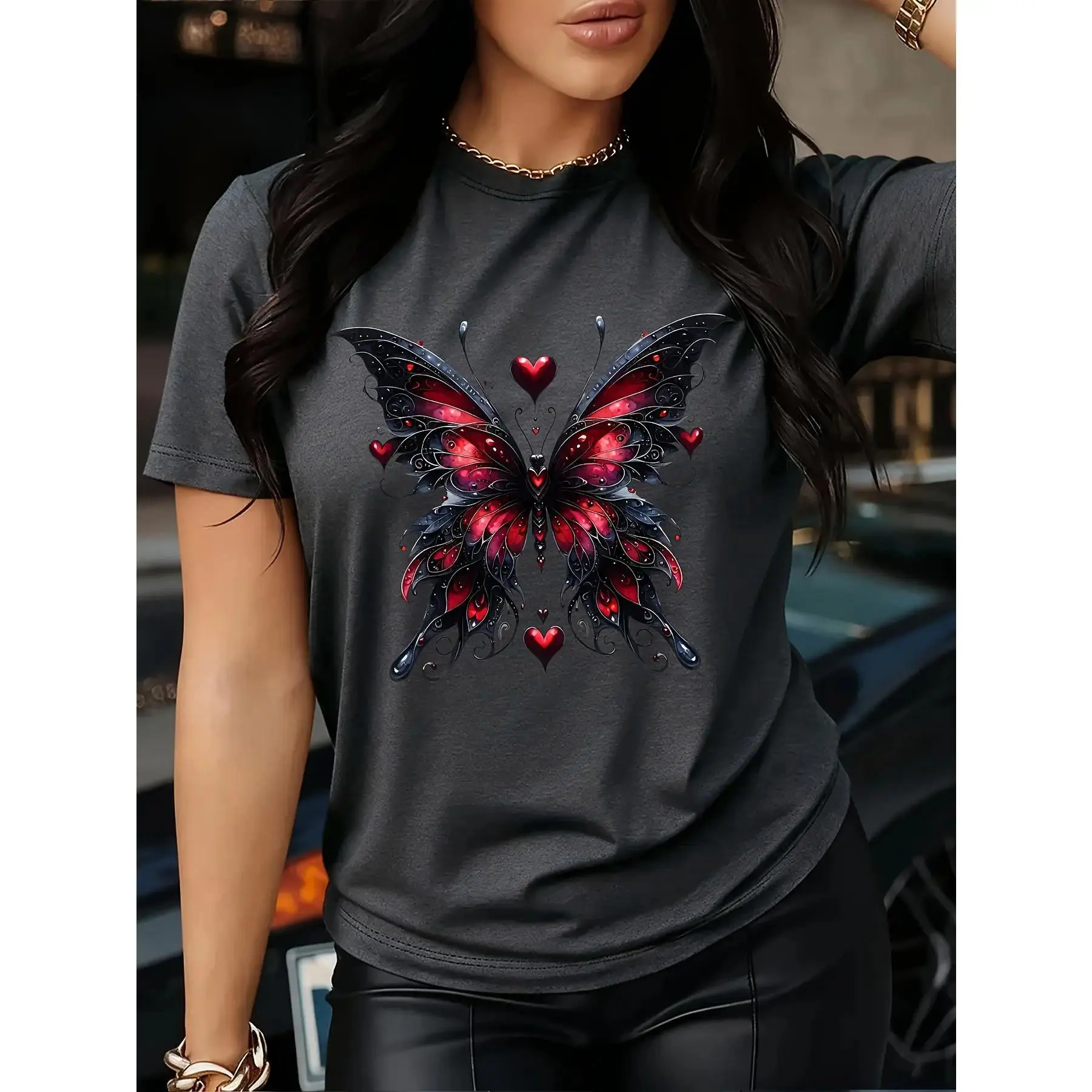 Women's casual T-shirt, unique black and red butterfly pattern print T-shirt - shiny and stylish, casual round-neck top - breathable, lightweight and comfortable, the best choice for spring and summer
